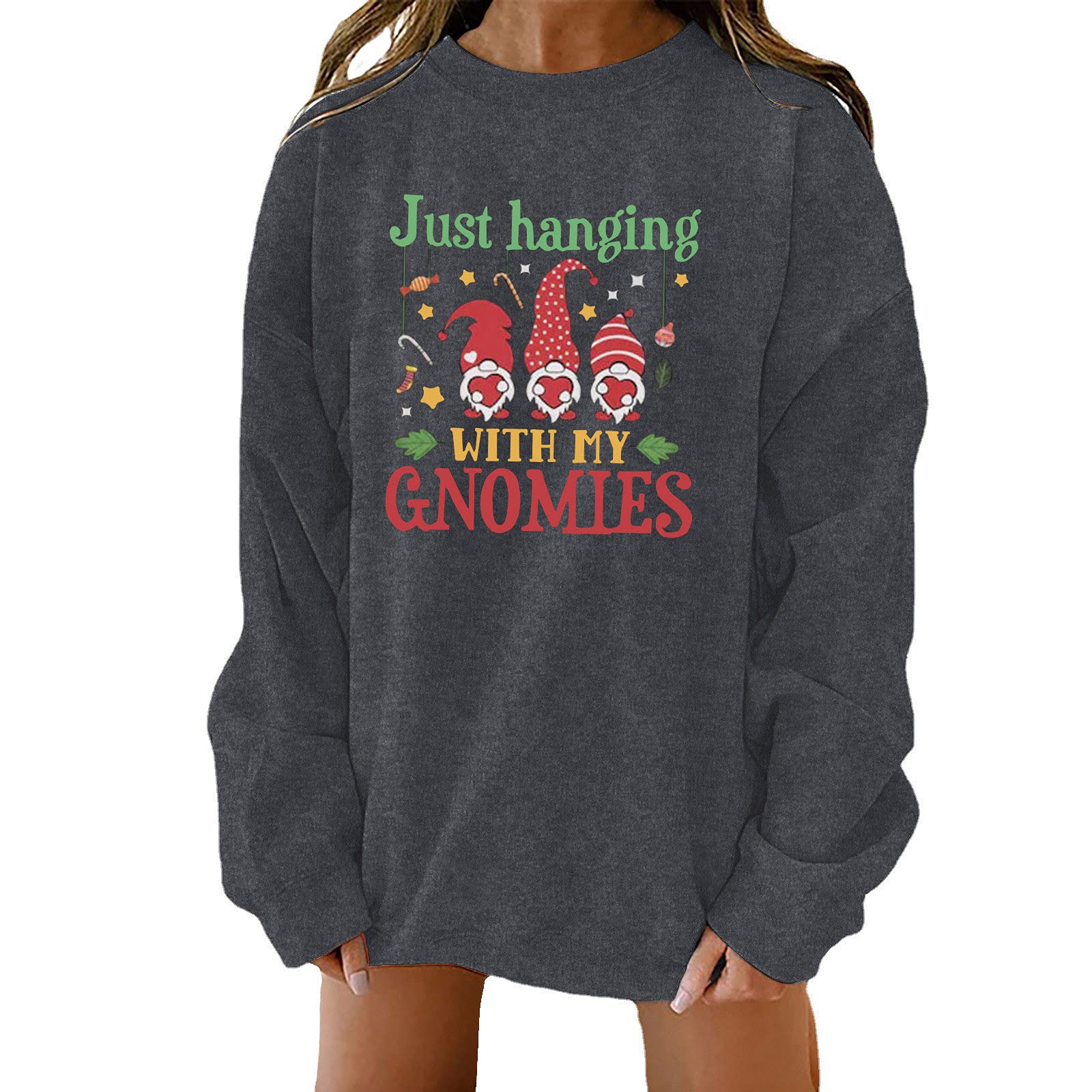 Women's Christmas Gnome Print Pullover Blouse - Cute Holiday Lettering Fall Shirts for Plus Size - Cozy Casual Wear for Parties & Family Gatherings