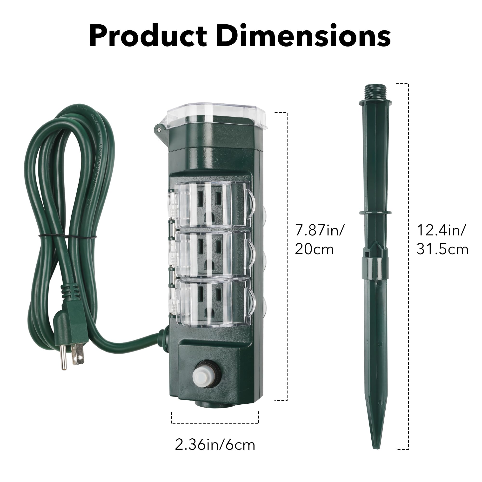 HBN Outdoor Power Strip with Photocell Sensor - 6 Outlet Weatherproof Extension Cord with Dusk to Dawn Timer & Yard Stake Countdown (2/4/6/8 Hours) - Perfect for Outdoor Lights, Christmas Decorations, Patio & Garden Use