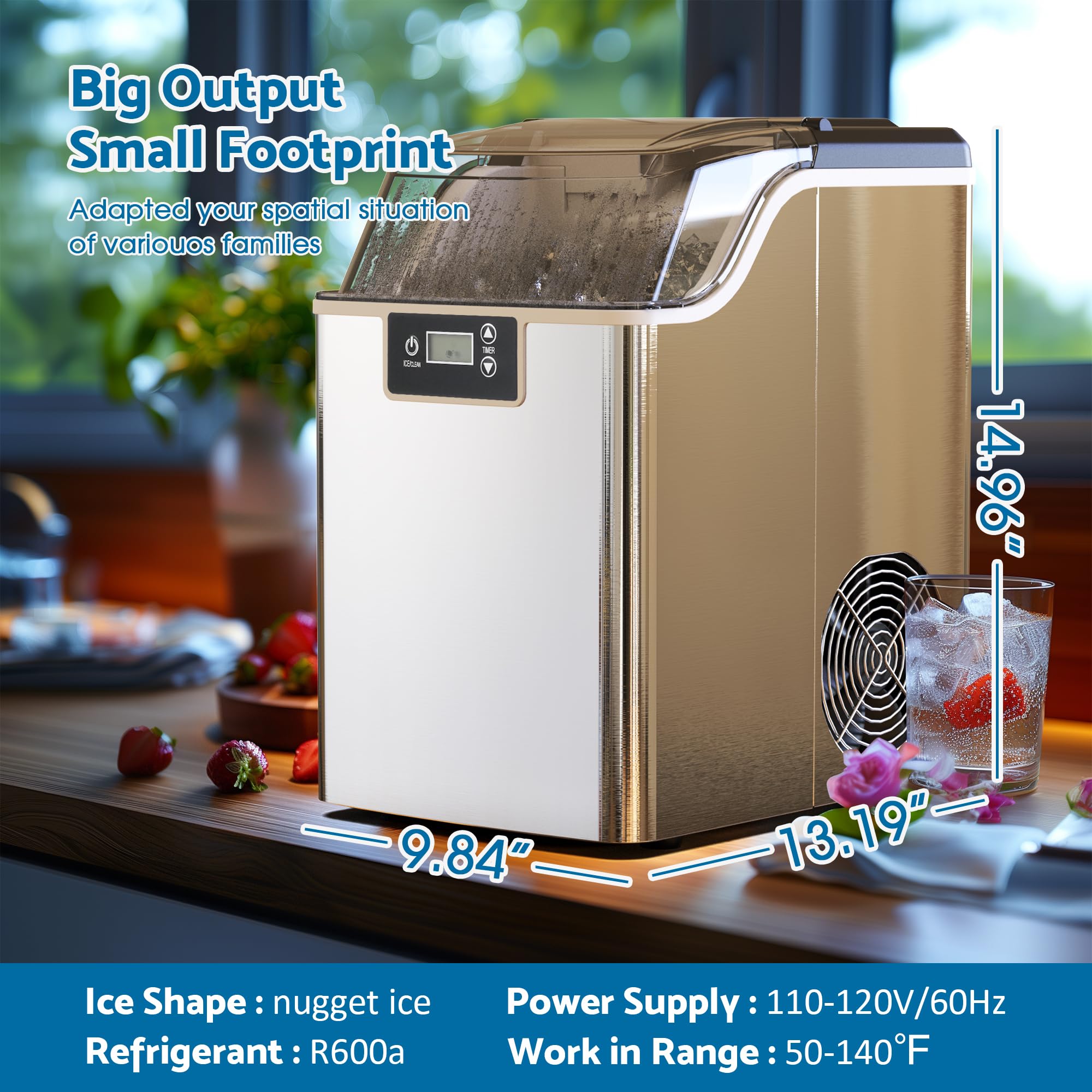 Portable Countertop Ice Maker Machine with Basket & Scoop - 38Lbs/24H Soft Chewable Pellet Ice Maker - One-Touch Operation - Compact Nugget Ice Maker for Home Kitchen, Office, RV, Camping & Parties - Perfect for Cocktails, Sodas & Beverages - Grey