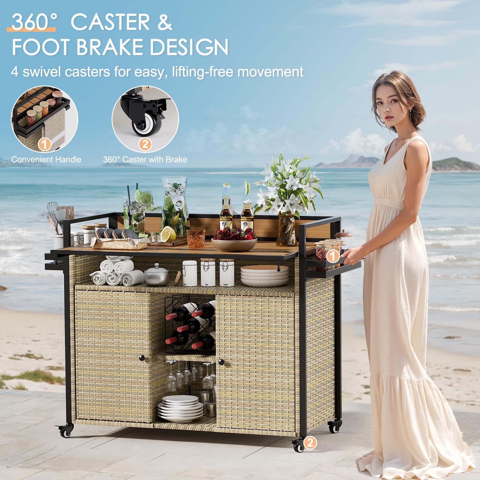 XL Outdoor Kitchen Wicker Rolling Bar Cart with Storage Cabinet & Extendable Plastic Wood Table Top - Mobile Kitchen Island for Patio, Backyard, Garden, Poolside - Double Handle Design, Brown - Perfect for Outdoor Entertaining, BBQ Parties & Poolside Drinks