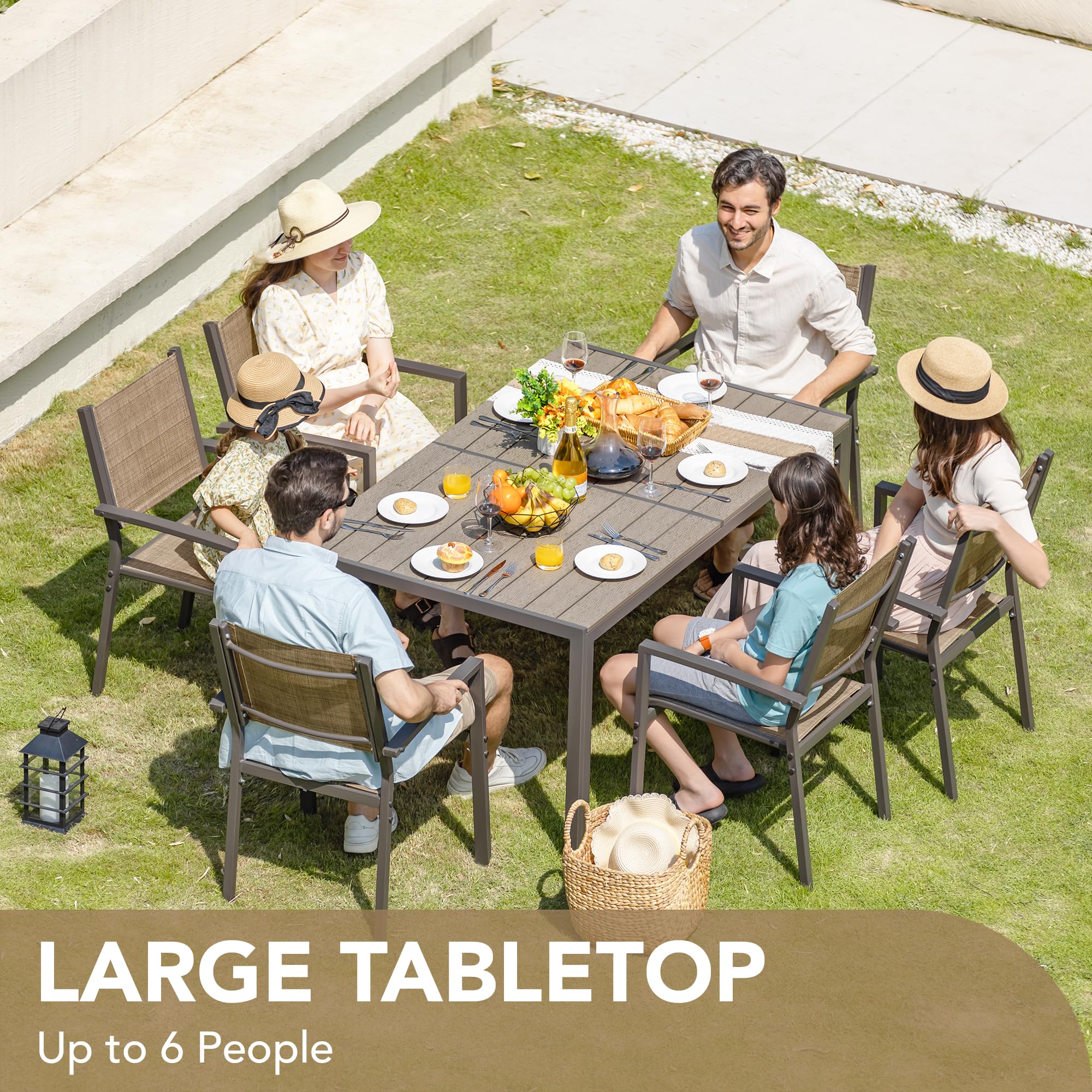 Devoko 7-Piece Patio Dining Set - Outdoor Furniture with Rectangular Table & 6 Stackable Chairs, Brown - Perfect for Garden, Backyard, Deck, and Poolside Gatherings