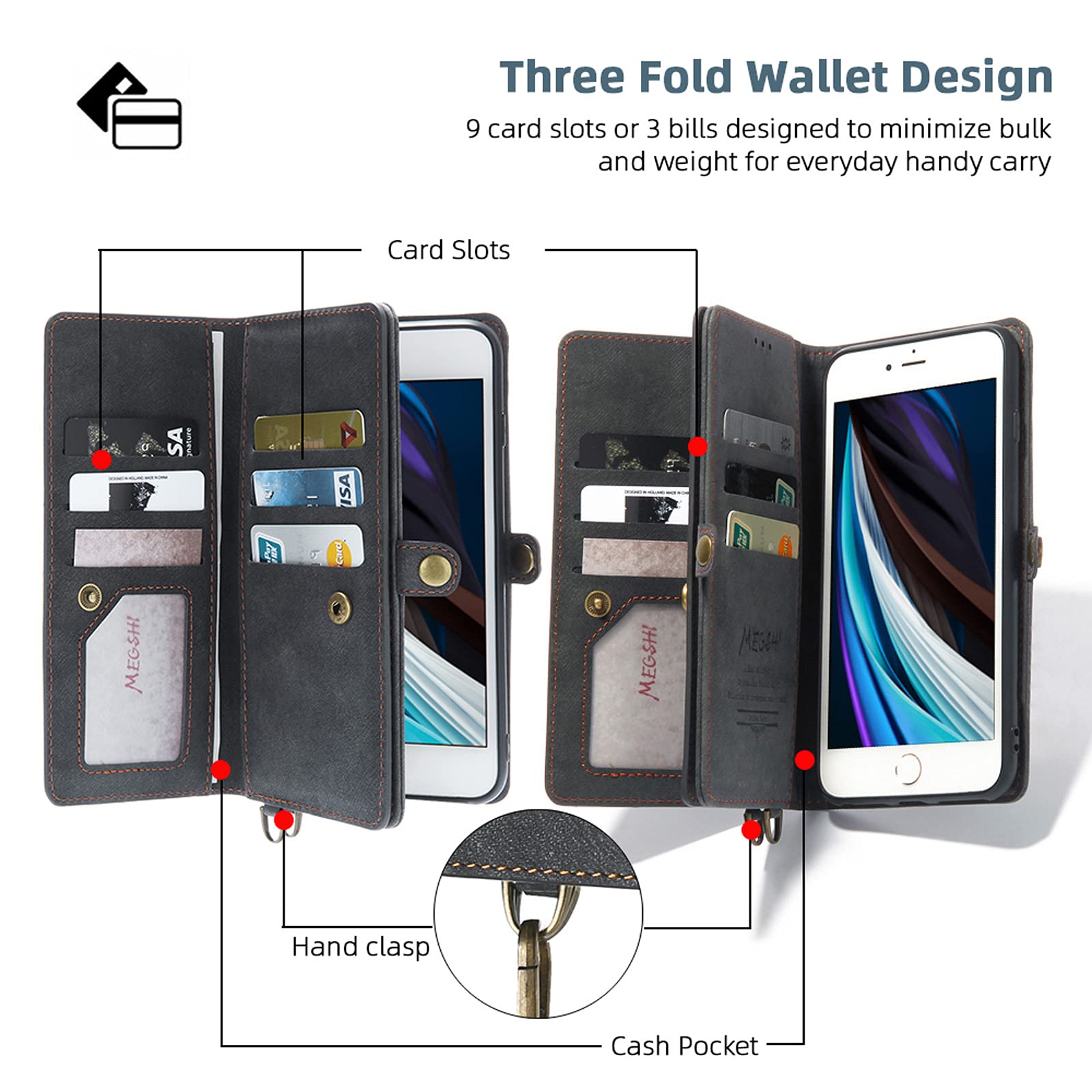 Magnetic Wallet Case for iPhone 7/8/SE (2020 & 2022) - 2-in-1 Detachable Cover with 9 Card Slots, Kickstand & Wrist Strap | Premium Flip Leather Phone Case (Black) | Perfect for Work, Travel & Everyday Protection