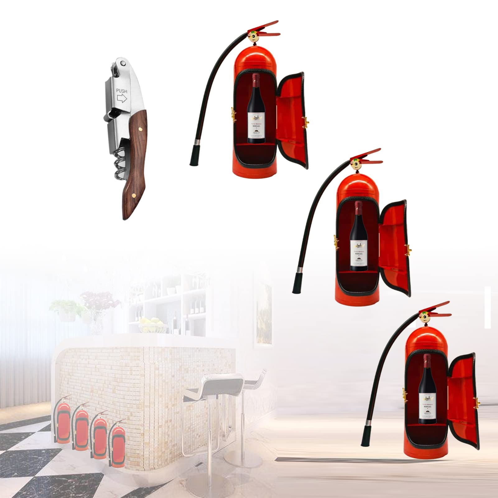 JCZR 3-Piece Mini Metal Fire Extinguisher Wine Bar Set with Red Wine Knife - Novelty Firefighter Gift, Fire Extinguisher-Shaped Wine Storage System for Home Decor, Liquor & Wine Storage Box - Perfect for Home Bars, Man Caves, and Firefighter-Themed Parties