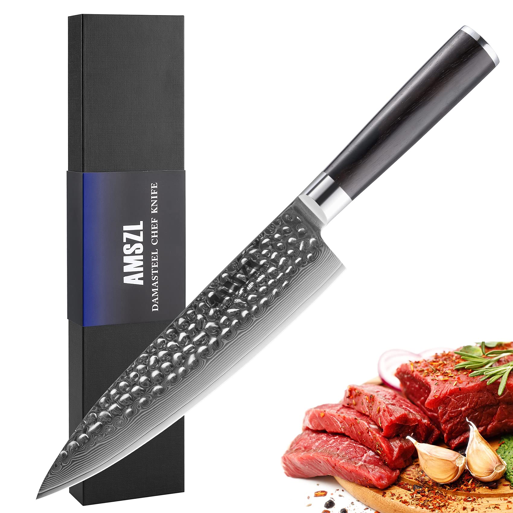 AMSZL 8-inch Japanese Chef Knife - VG10 Steel Core 67-Layer Damascus High Carbon Stainless Steel with Hammered Blade | Professional Kitchen Knife for Sushi, Meat Cutting & Vegetable Chopping | Full-Tang Ebony Ergonomic Handle for Comfortable Cooking