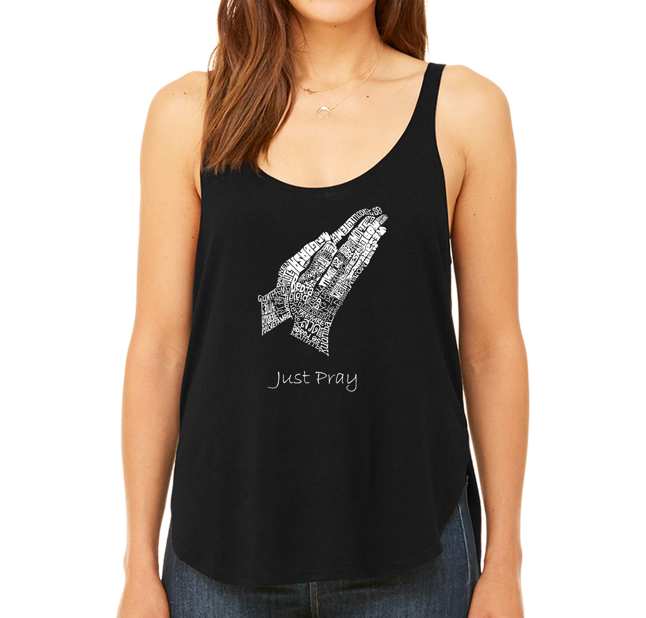 LA POP ART Women's Premium Word Art Flowy Tank Top - Prayer Hands Design | Soft & Comfortable Sleeveless Shirt for Yoga, Summer & Casual Wear