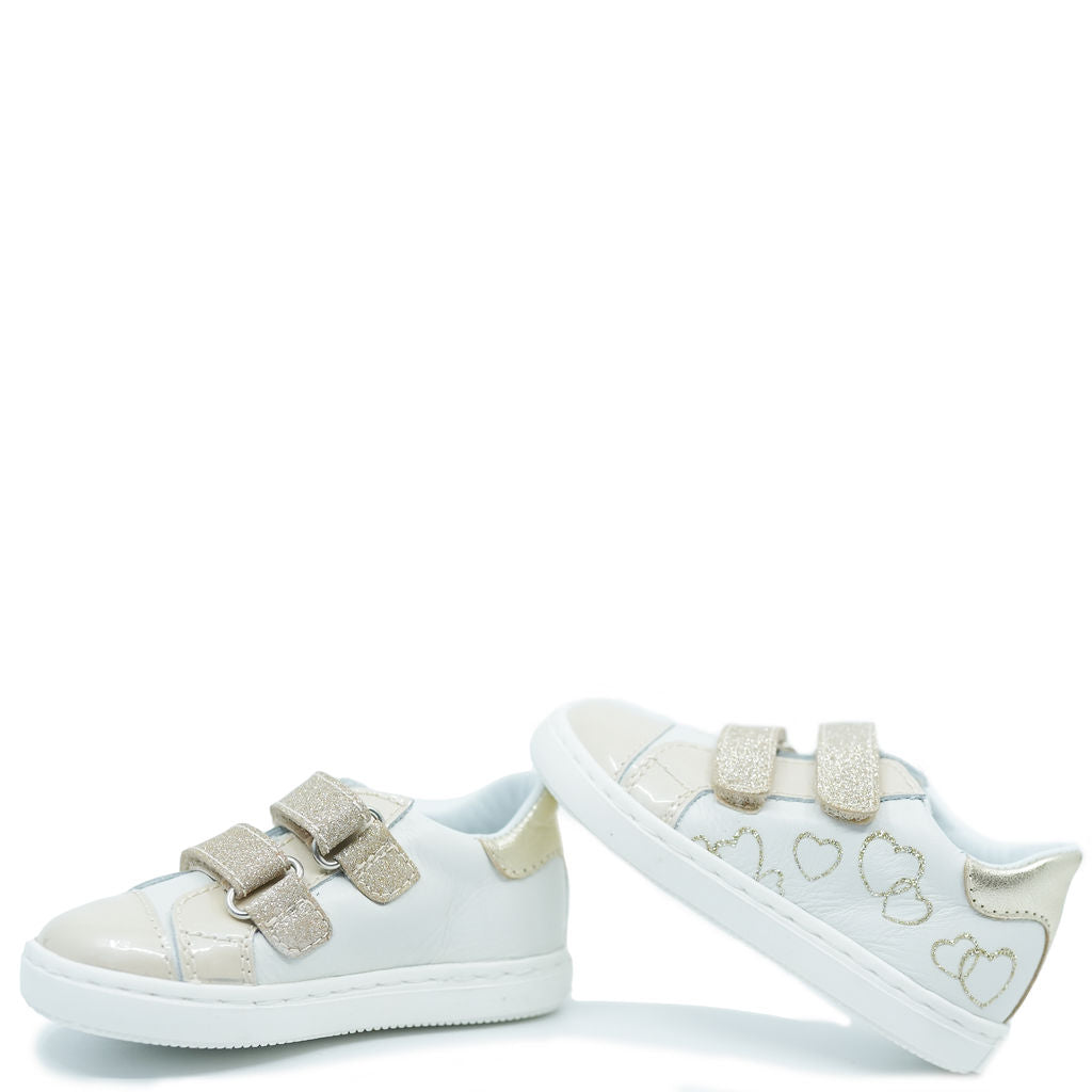 Beberlis White and Gold Heart Baby Sneakers - Cute & Comfortable First Walking Shoes for Infants & Toddlers - Perfect for Special Occasions, Parties, and Everyday Wear