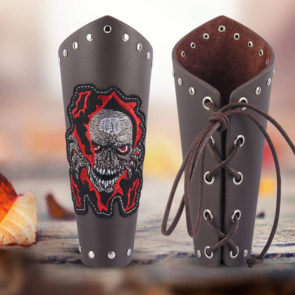 Black Medieval Leather Gauntlet Wristband - Skull Design Punk Arm Bracers for Cosplay, LARP & Gothic Fashion - Perfect for Renaissance Fairs, Halloween Costumes & Steampunk Outfits