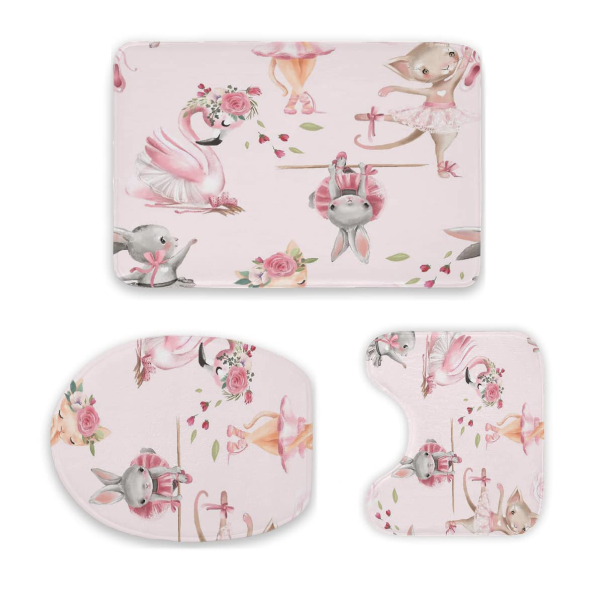 3-Piece Bathroom Rug Set - Non-Slip Toilet Mat, Floor Mat & Carpet with Watercolor Ballerina Animal Pattern | Ultra Soft, Absorbent & Washable | Perfect for Bathroom, Laundry Room & Kids' Room Decor