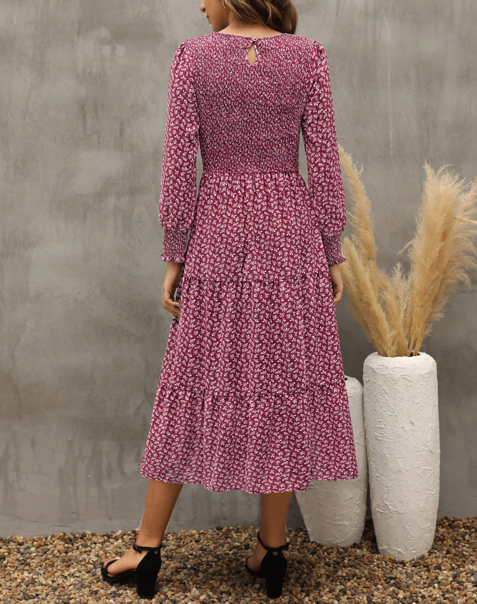 Zattcas Women's 2025 Fall Casual Long Sleeve Boho Floral Midi Dress with Pockets - Smocked Waist Tiered Wedding Guest Dress for Autumn Parties, Date Nights & Special Occasions