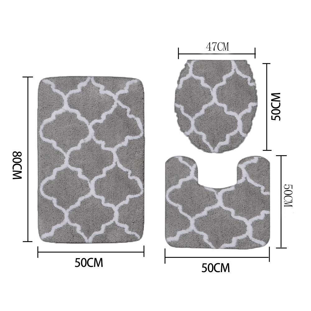 Premium 3-Piece Non-Slip Bathroom Rug Set - Ultra Soft Shower & Toilet Floor Mats - Water Absorbent Bath Mats for Bathroom, Living Room & Home Decor (Grey & White) - Perfect for Wet Floors, Modern Bathrooms & Cozy Home Spaces