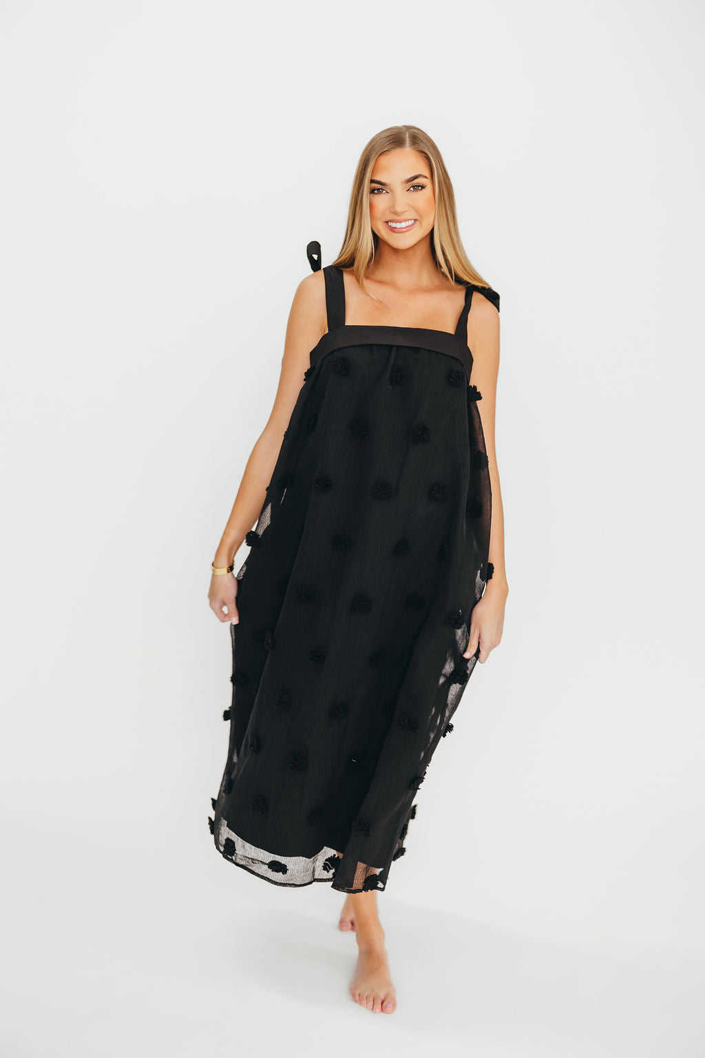 Catalina Blossom Black Embroidery Tie Strap Midi Dress - Floral Summer Dress for Beach Vacation, Garden Party & Date Night