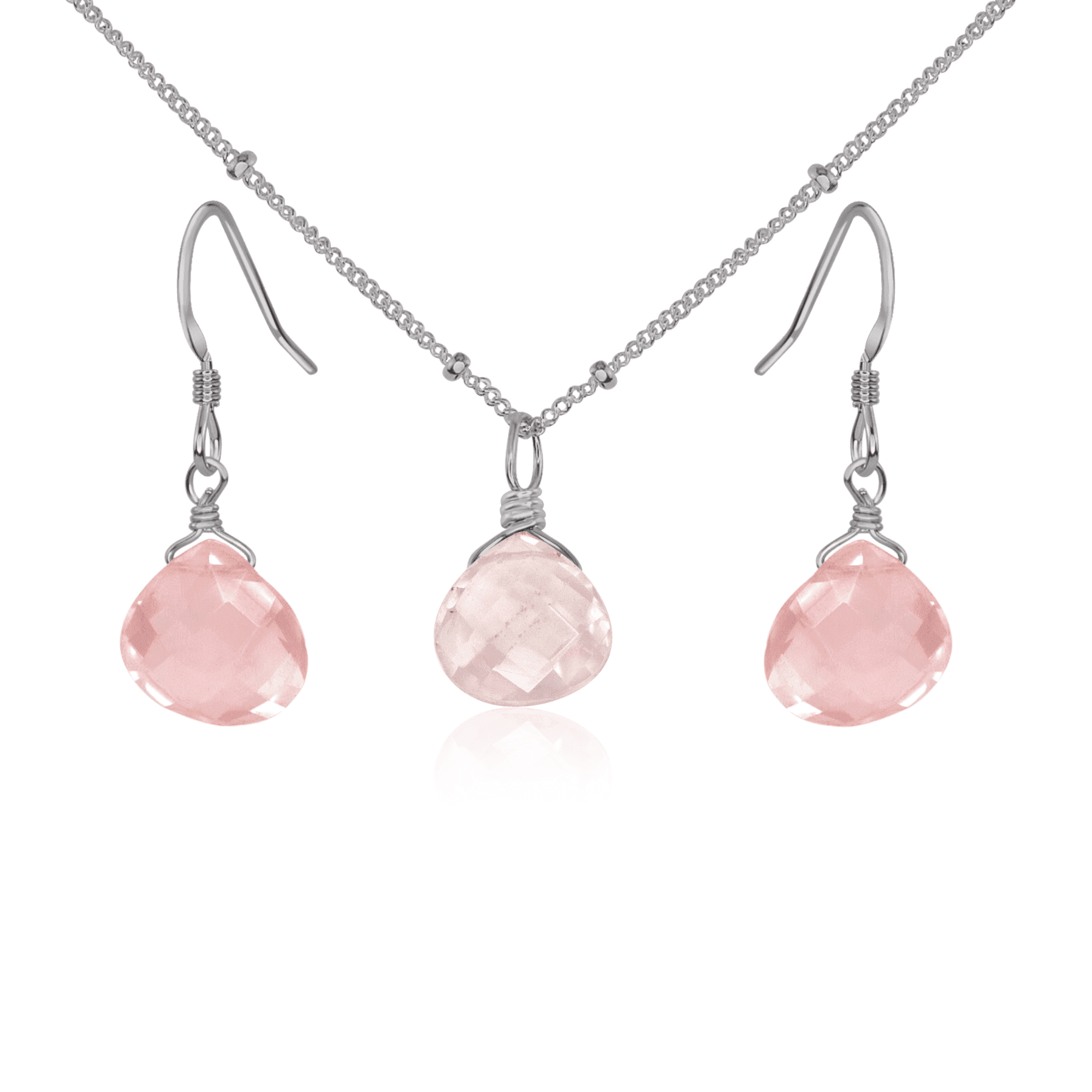 Rose Quartz Tiny Teardrop Earrings & Necklace Set - Dainty Crystal Jewelry for Women | Perfect for Valentine's Day, Anniversary Gifts & Everyday Elegance