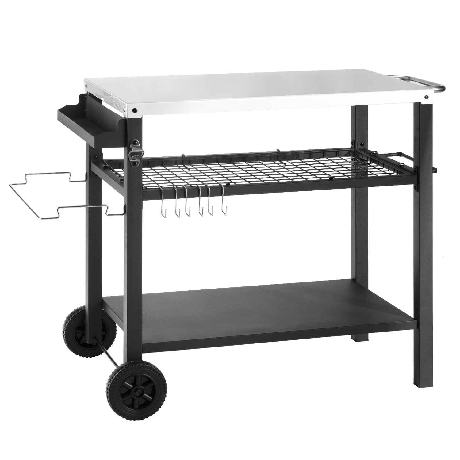 **3-Tier Rolling Kitchen Cart - Portable Outdoor BBQ Grill Table, Pizza Oven Stand with Hooks - Multifunctional Food Prep Island for Indoor & Outdoor Use (Silver) - Perfect for Patio, Picnic & Camping**