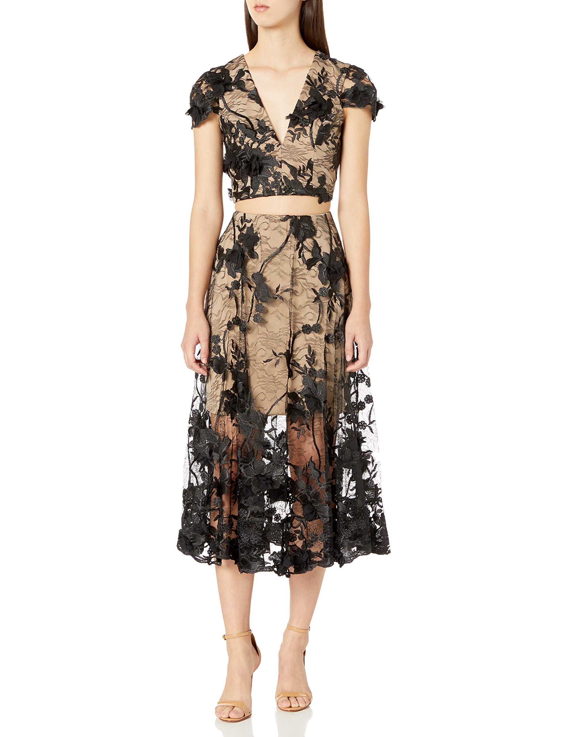 Dress the Population Juliana Lace Crop Top & Midi Skirt 2-Piece Set - Elegant Lace Outfit for Women, Date Night, Wedding Guest, Special Occasions
