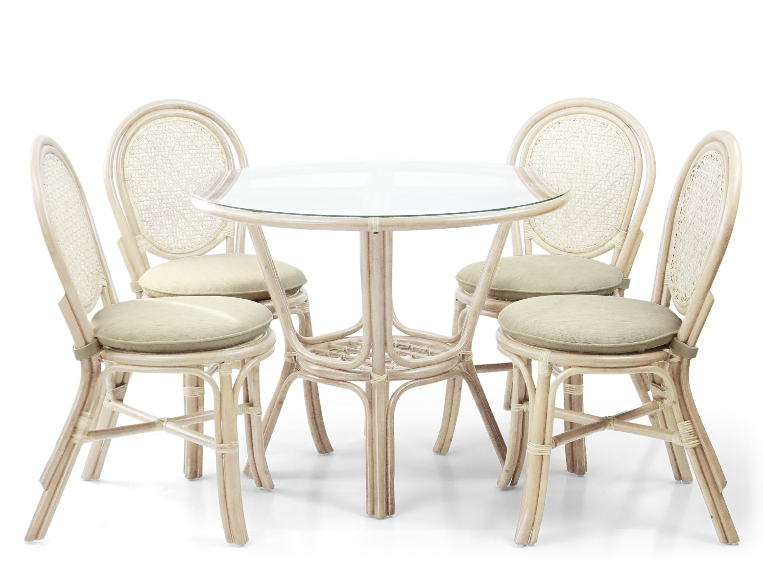 Whitewashed Rattan Wicker Round Dining Table with Tempered Glass Top - Natural Boho Style for Patio, Garden, or Indoor Dining Room Decor