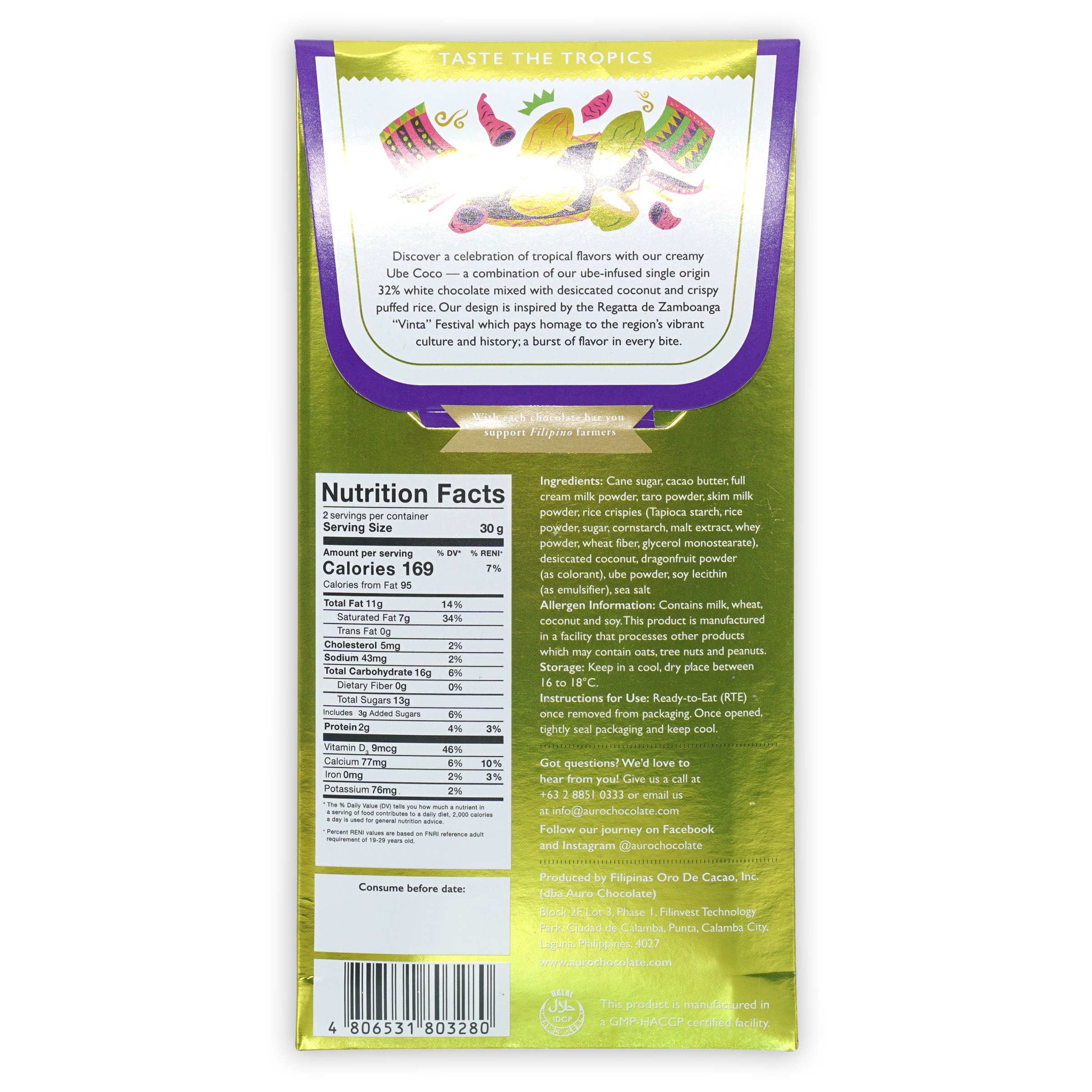 Auro Ube White Chocolate with Coconut & Puffed Rice 32% - Premium Filipino Dessert for Gifting, Baking & Snacking