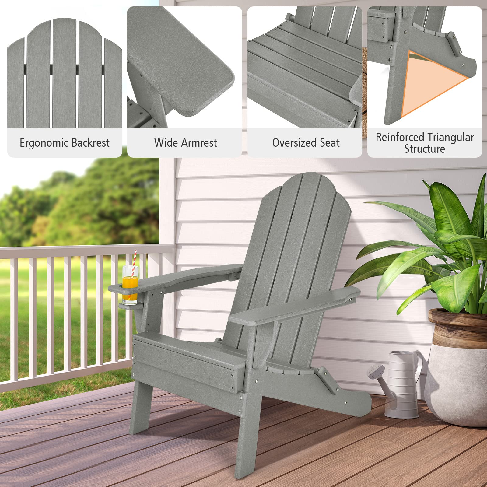 **Giantex Adirondack Chair - Outdoor Folding Patio Chair with Cup Holder, HDPE Weather-Resistant Plastic, Lightweight & Durable for Backyard, Deck, Garden, Poolside, Camping (Grey, 1-Pack)**    *(Perfect for Relaxing, Sunbathing, or Gathering Around a Fire Pit!)*