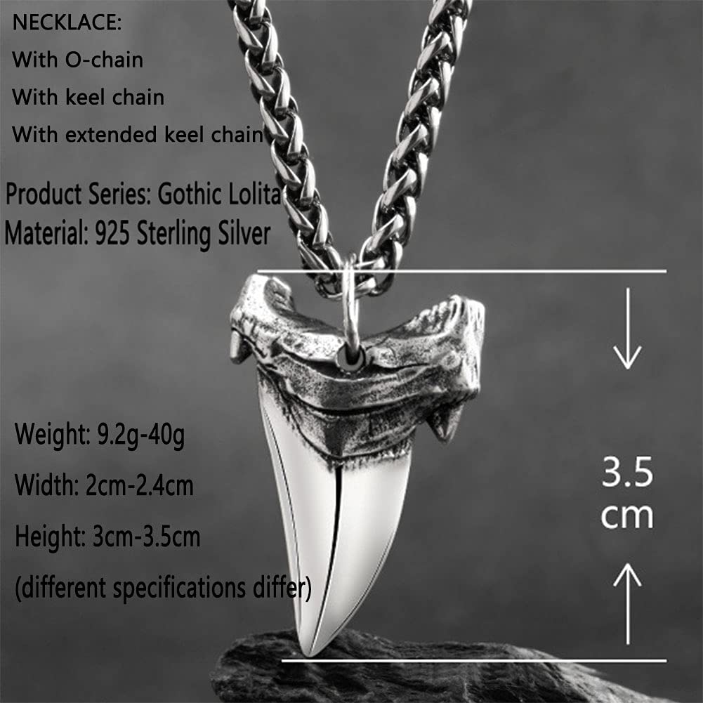 Men's Shark Tooth Pendant Necklace - 925 Sterling Silver Gothic Jewelry with Extended Keel Chain | Cool Retro Style Accessory for Men | Perfect for Halloween, Punk Fashion & Everyday Wear