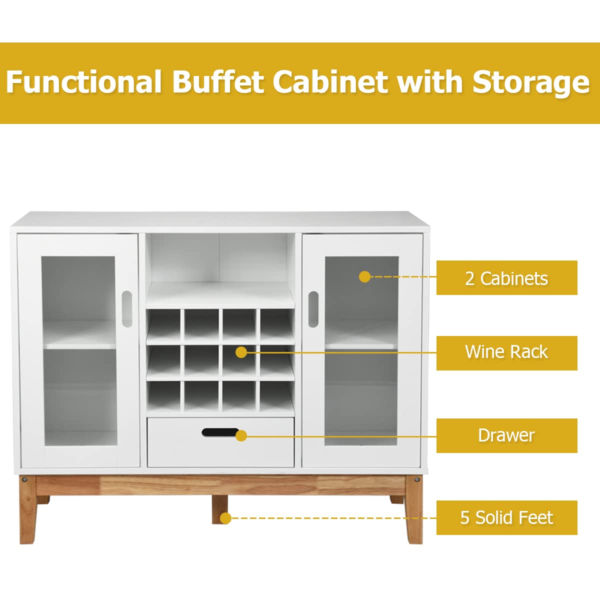 White Sideboard Buffet Cabinet with Removable Wine Rack, Glass Doors & Wood Accent - Storage Console Table with Open Shelf & Drawer for Living Room, Entryway, Dining Room - Perfect for Home Organization & Entertaining Guests