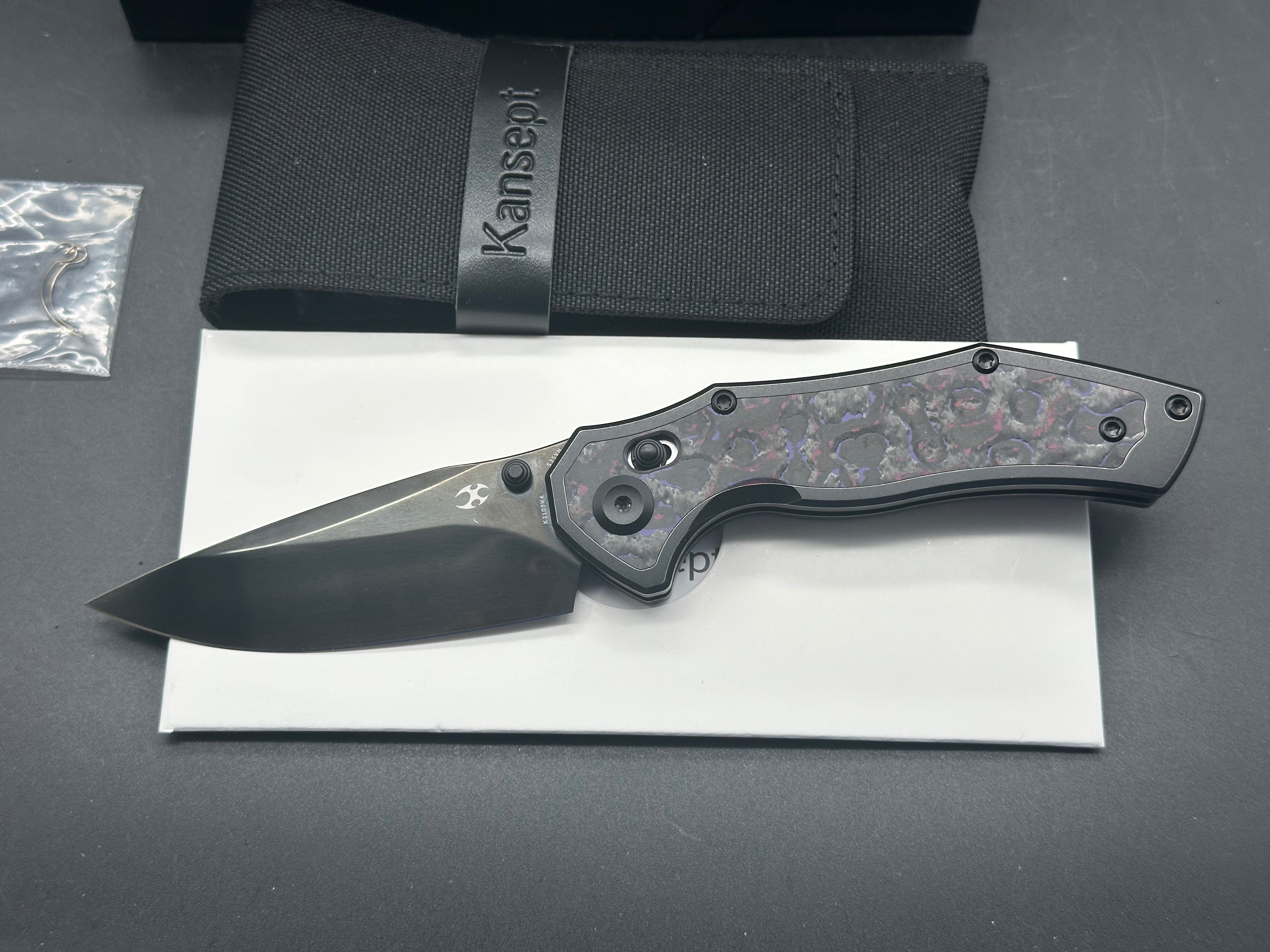 KANSEPT APOLLO Folding Pocket Knife - Blackwash Titanium & Purple Haze Fatcarbon Handle, S35VN Blade with Mirror DLC Coating - EDC, Outdoor, Camping, Survival Gear