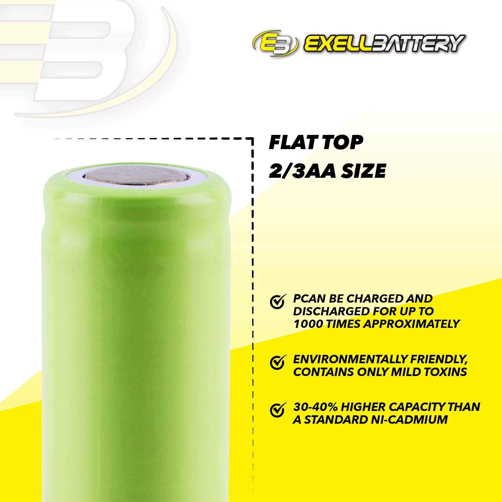 2-Pack Exell 2/3AA NiMH 700mAh 1.2V Flat Top Rechargeable Batteries - Perfect for Custom Battery Packs, Security Lighting Systems, Solar-Powered Devices, Emergency Kits & Portable Electronics