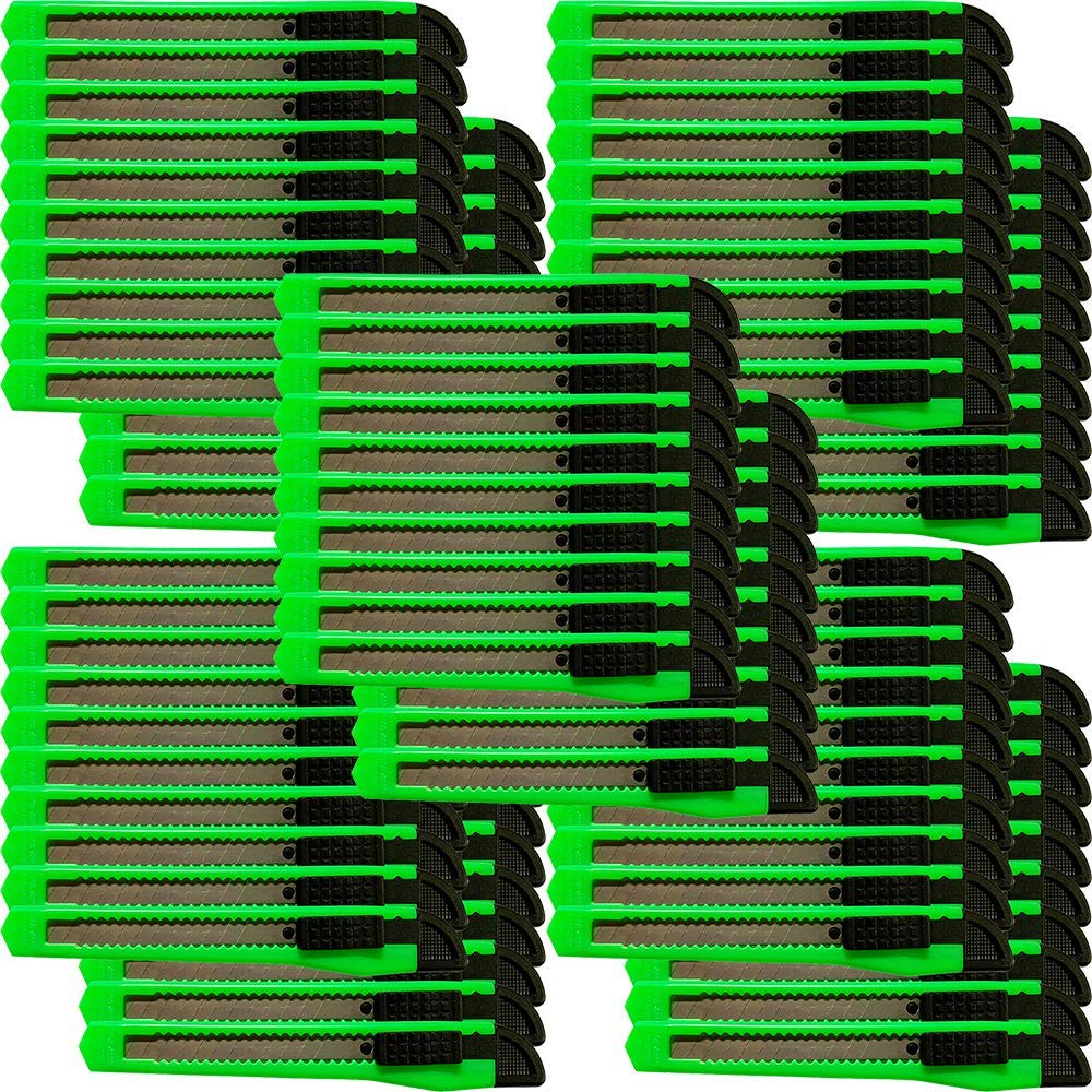100-Pack Small Neon Green Utility Knife Box Cutters with Snap-Off 9MM Blades - Heavy Duty Packing, Shipping, Warehouse & Crafting Tools for Professionals