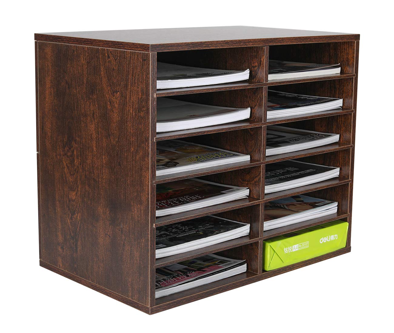 Wooden Mail Sorter Organizer with 12 Compartments - Desktop Bill & Letter Holder for Office, Classroom, Home & School - PAG Countertop Literature Organizer - Perfect for Bills, Letters, Documents & Homework Organization (Brown)