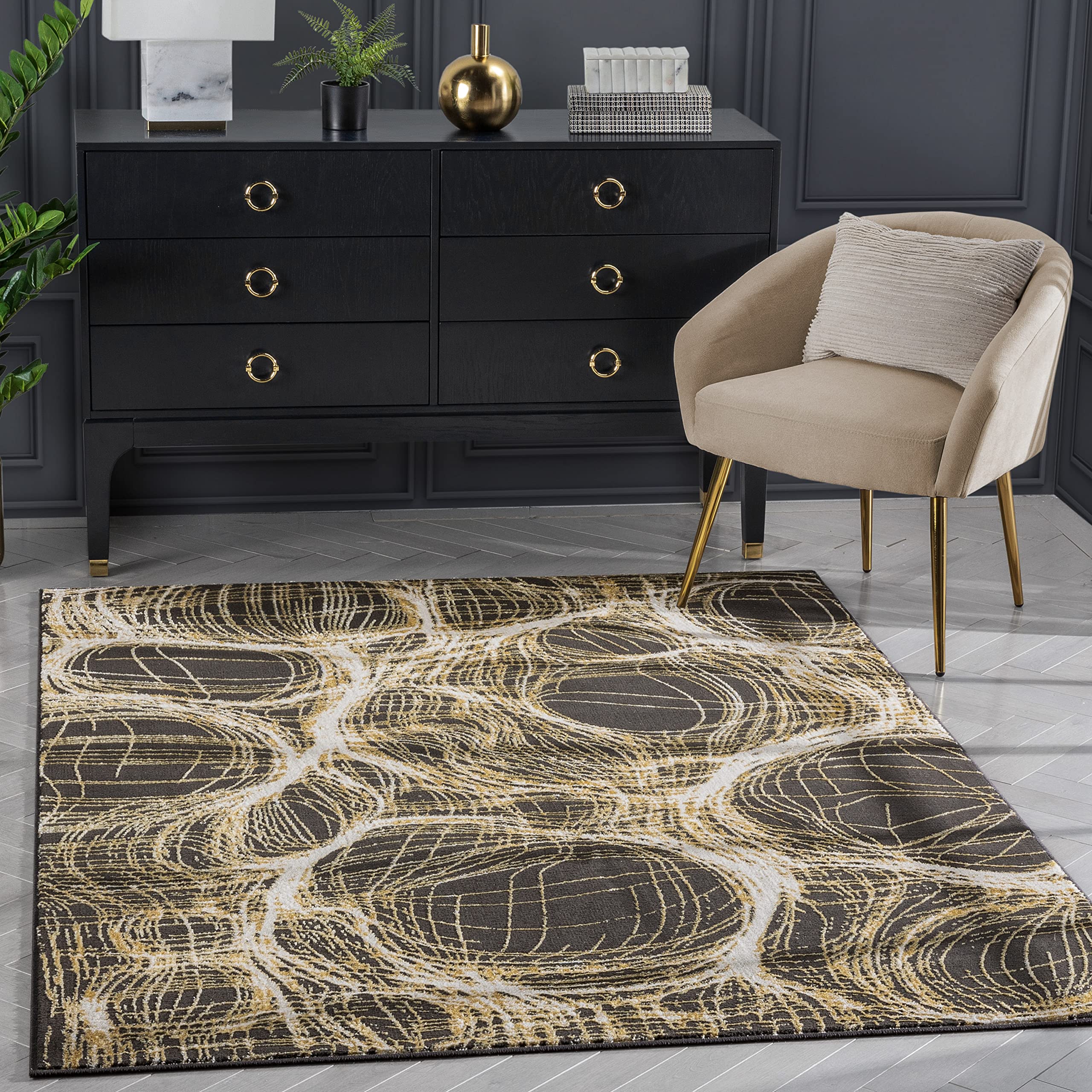 Well Woven Shoanae Abstract Yellow Geometric Bubbles Soft Glam Area Rug 8x10 (7'10