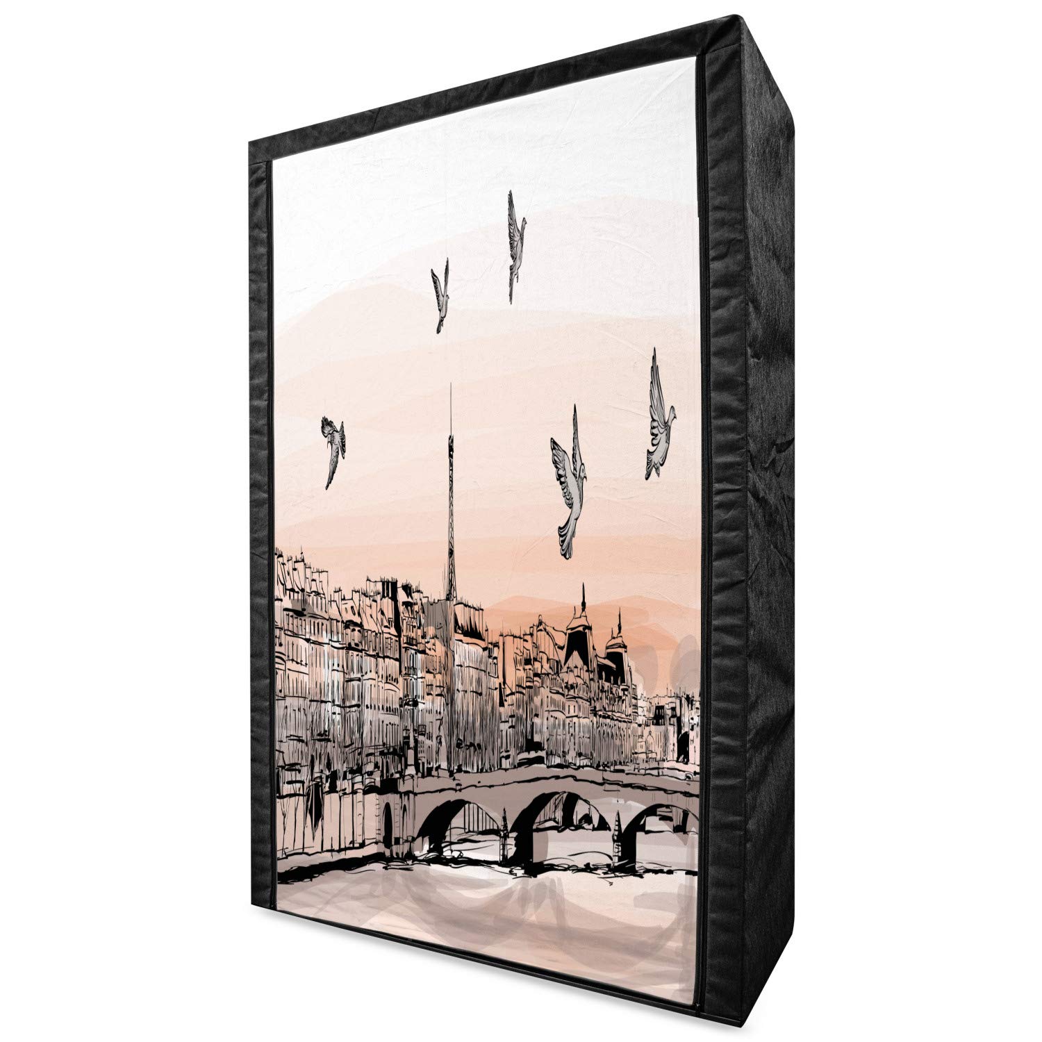 Ambesonne Portable Fabric Wardrobe - Panoramic Paris Sunset Sketch Art with Pigeons on Pont Des Arts | 42.5