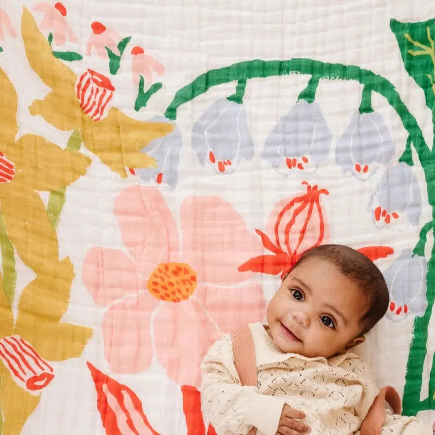 Clementine Kids Cotton Muslin Quilt - Soft Baby Blanket for Nursery, Swaddle & Stroller - Garden Floral Design | Perfect for Newborn Gifts, Bedtime & Travel