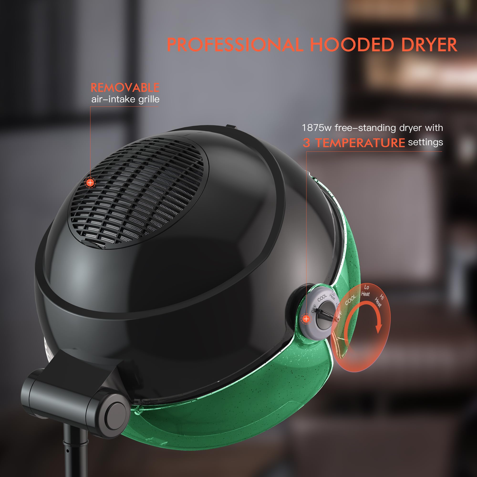 TASALON 1875W Professional Ionic Hair Dryer with Hood - 3 Heat Settings, Glitter Visor, Timer & Wheels for Salon, Spa & Home Use | Fast Drying for Thick & Curly Hair | Perfect for Stylists & At-Home Hair Care (Green)