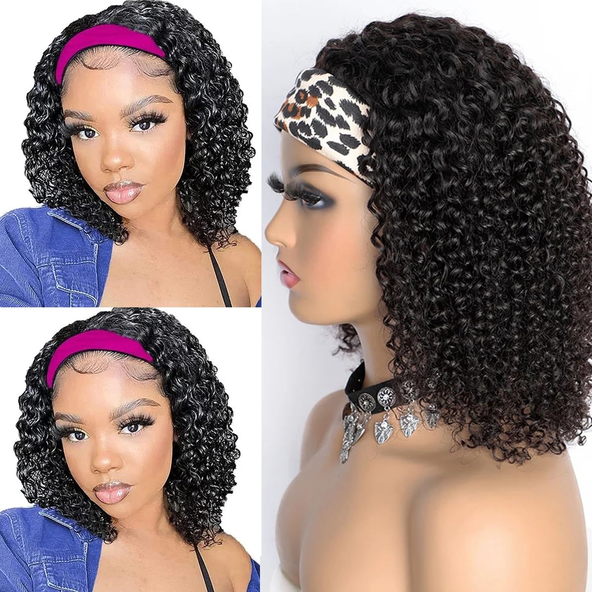 Afro Curly Headband Wig for Black Women - 10 Inch Deep Wave Human Hair Wig with 150% Density, No Lace, Machine Made - Perfect for Daily Wear, Parties & Protective Styling