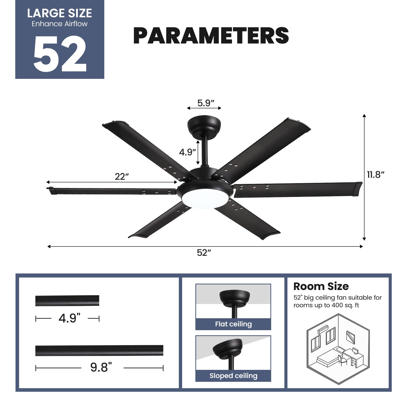 CROSSIO 52 Inch Black Industrial Ceiling Fan with Lights - Remote Control, Dimmable LED, Reversible 6-Speed Silent Motor - Aluminum Fandelier for Living Room, Bedroom, Dining Room & Outdoor Patio | Perfect for Home Cooling and Stylish Lighting Decor