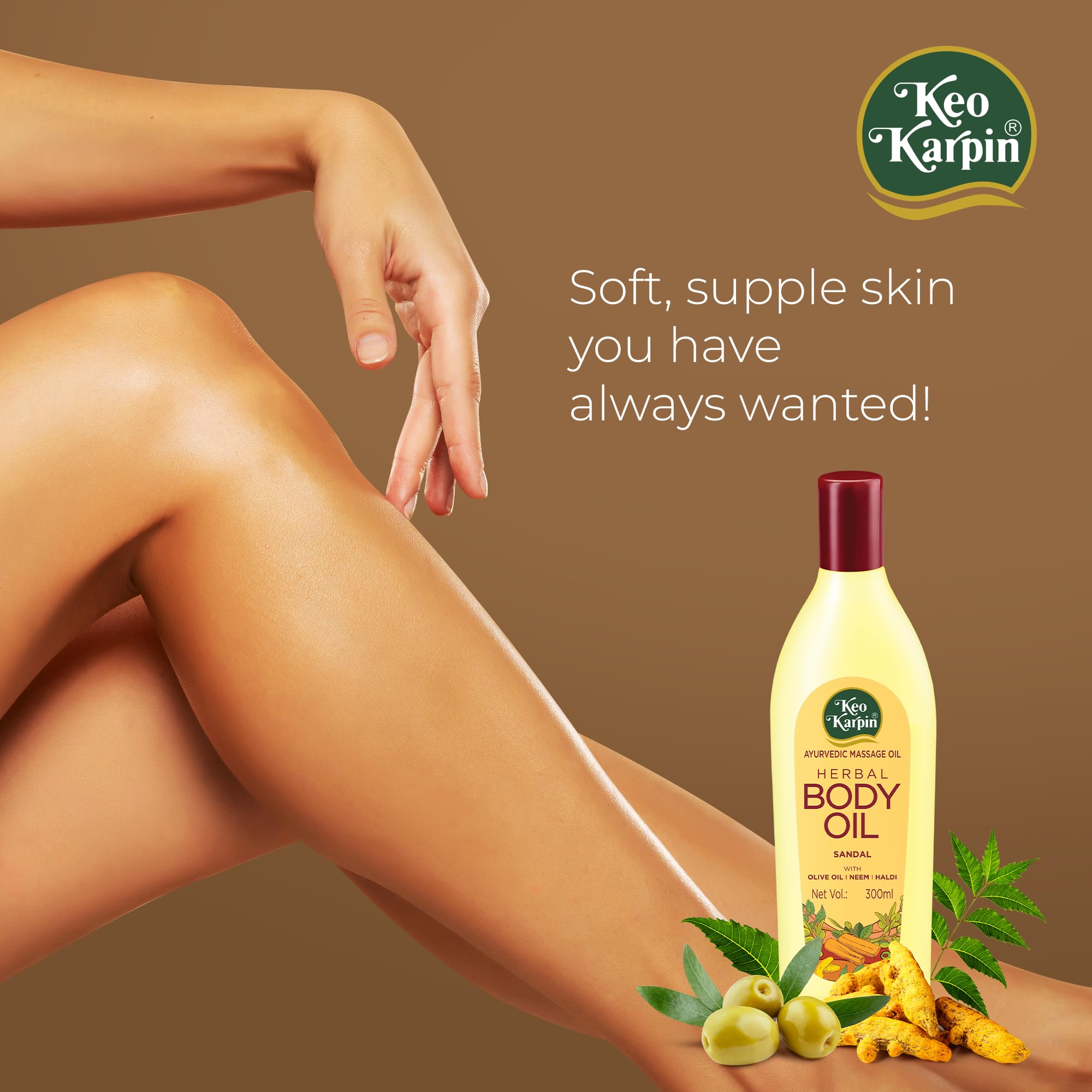 Keo Karpin Ayurvedic Body Oil - Non-Sticky Sandalwood Scented Herbal Massage Oil with Olive Oil, Neem & Turmeric | 500ml | Moisturizing & Relaxing for Dry Skin & Aromatherapy