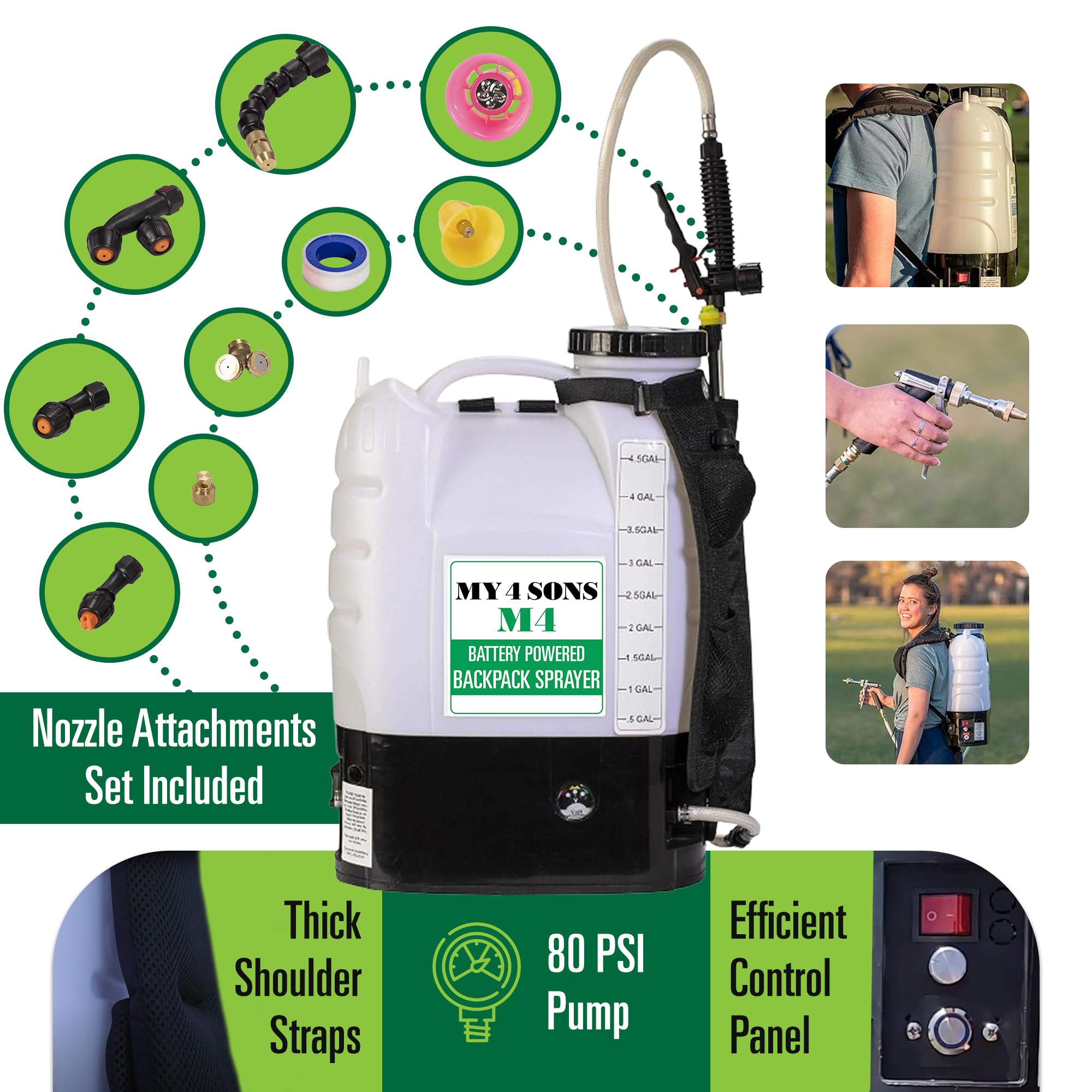 MY4SONS M4 Cordless Battery Powered Backpack Sprayer - 4 Gallon Capacity with 15ft Hose, Includes Rechargeable Battery & Charger, Adjustable Stainless Steel Nozzles - Perfect for Lawn Care, Garden Spraying, Pest Control & Agricultural Use - Silver (Model M4)