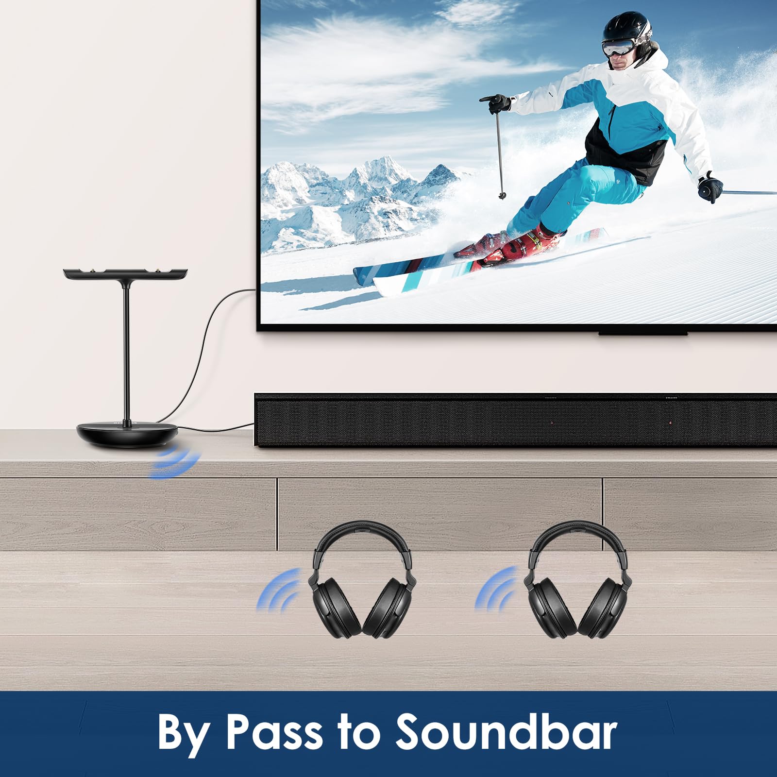 SIMOLIO Dual Wireless TV Headphones with 2 Spare Batteries, Transmitter & Charging Stand - 2-in-1 Wireless Headset with Dialogue Clarity, Bass Adjustment & Tone Control | 100ft Range | Perfect for Late Night TV Watching, Hearing Impaired & Private Listening