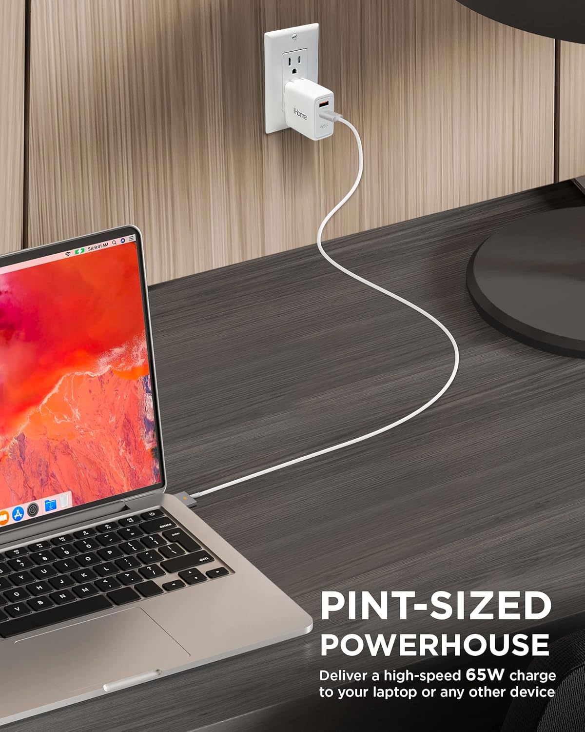 iHome 65W GaN Fast Charger Block - Dual Port USB C & USB A PD Charger - Compact Foldable Plug for MacBook Pro/Air, iPhone 15/14, iPad, Samsung Galaxy - Perfect for Travel, Office & Home Charging