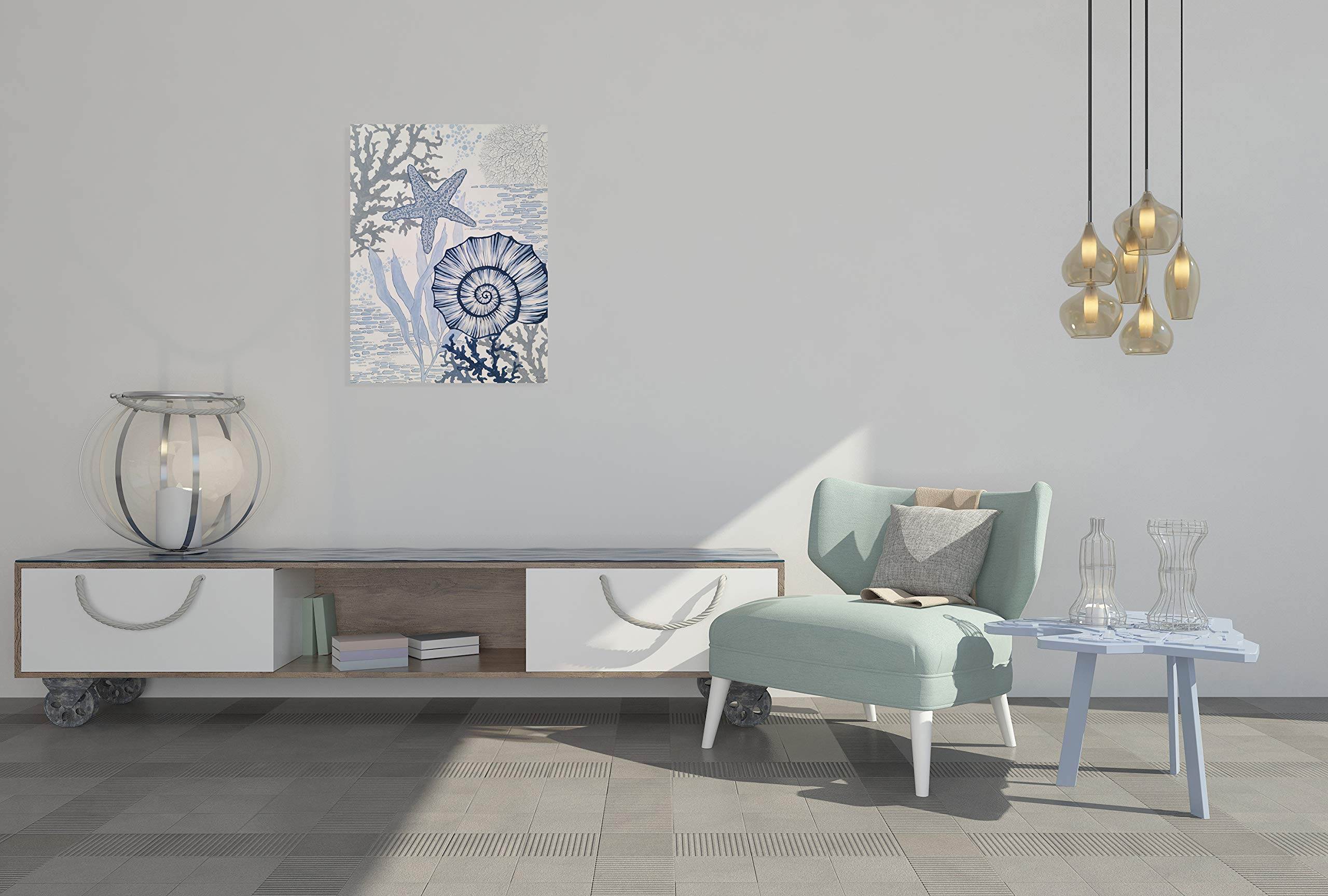 Hand Painted Coastal Canvas Wall Art - Blue and White Sea Shell & Starfish Painting for Living Room, Bedroom, Bathroom Decor | Beach Theme Home Décor, Perfect for Coastal Style Interiors