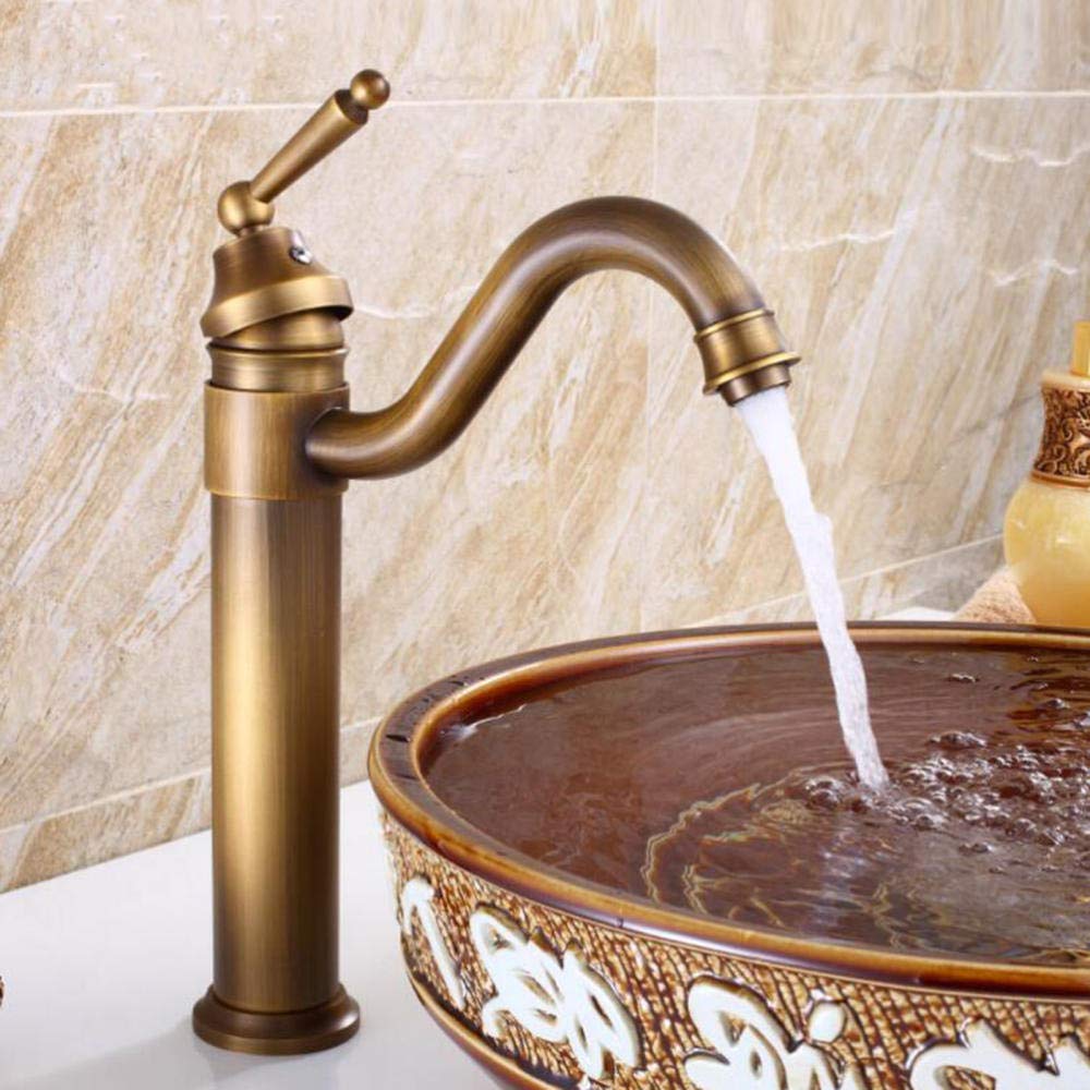 Antique Brass Tall Bathroom Sink Faucet - Hot and Cold Water Basin Mixer Tap with Raised Spout for Countertop Washbasin - Perfect for Vintage Style Bathrooms and Powder Rooms