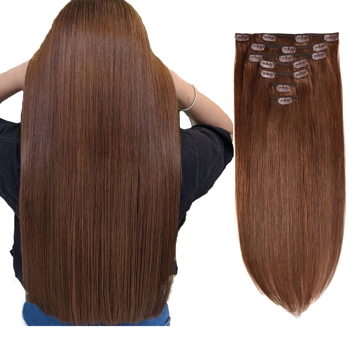 Clip in Hair Extensions 18 Inch Real Human Hair - 7pcs 120g Chocolate Brown #4 Thickened Straight Hair Weft for Women | Perfect for Volume, Length & Styling - Daily Wear, Parties & Special Occasions