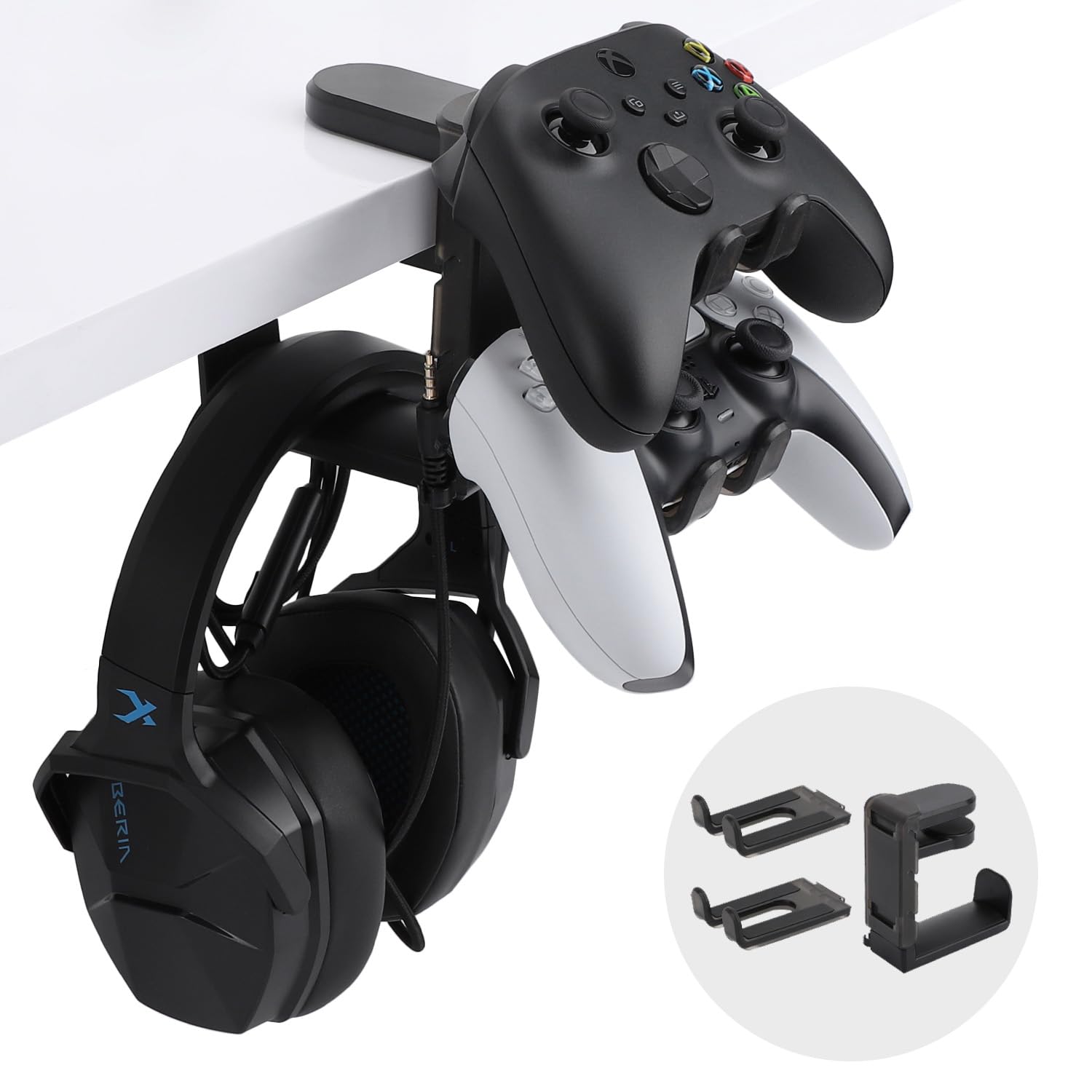 Universal 3-in-1 Under Desk Gaming Headset Stand & Controller Holder - Adjustable Swivel Arm Clamp for PC, PS5, Xbox Accessories (Black) | Perfect for Organized Gaming Setup & Space-Saving Workstation