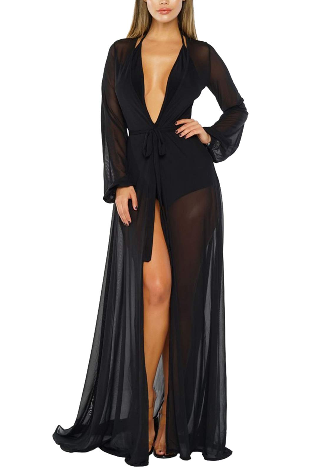 Sexy Mesh Long Sleeve Tie Front Swimsuit Cover Up Dress for Women - Sheer Beach Maxi Dress for Pool Party, Vacation & Summer Outfits