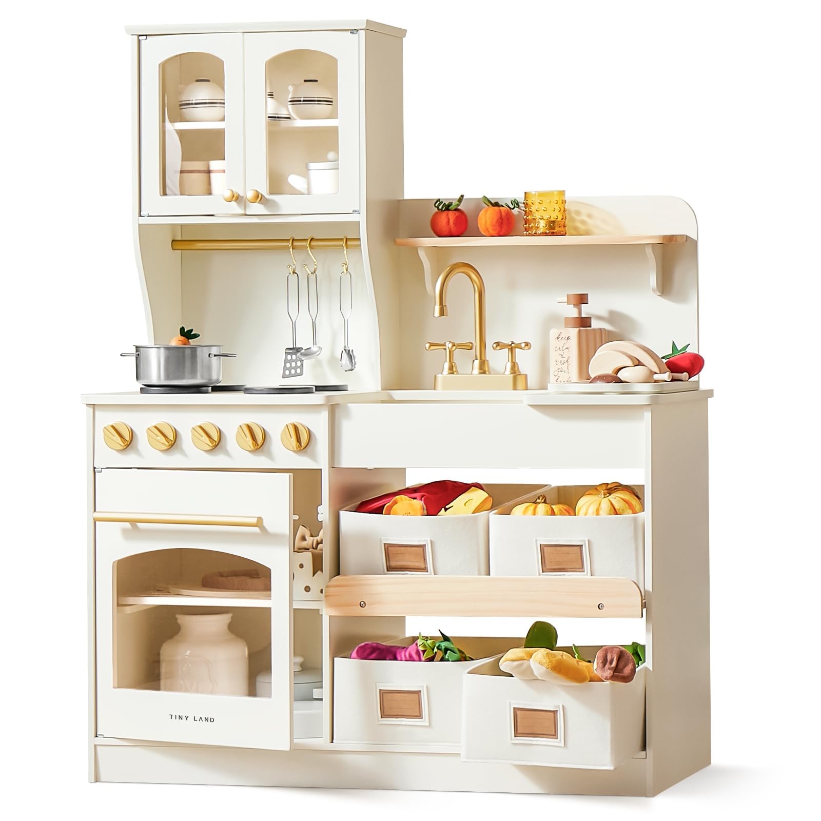 Tiny Land Wooden Play Kitchen for Kids - Toy Kitchen Set with Storage, Realistic Features & Accessories - Perfect for Pretend Play, Role-Playing & Early Learning - Ideal Gift for Toddlers Ages 3+ (Indoor Playroom, Preschool Classroom, Birthday Gift)