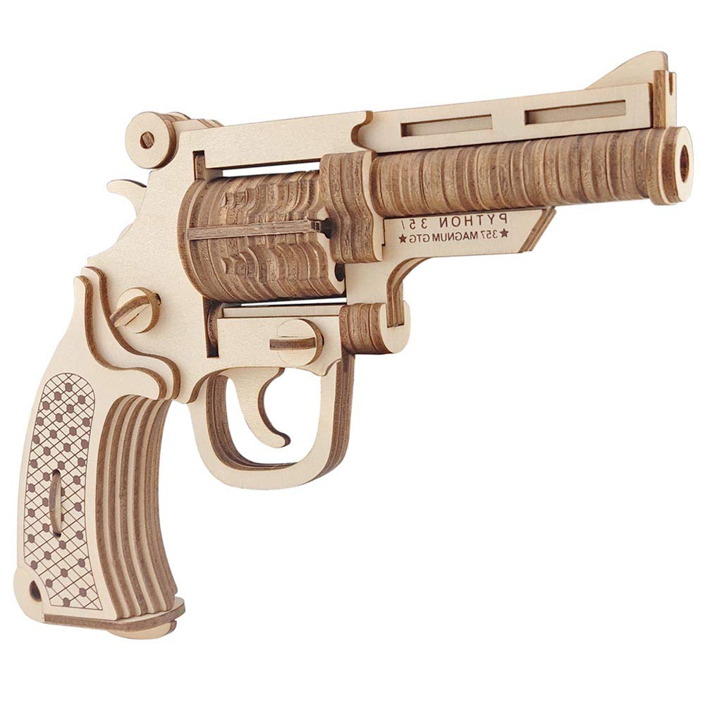 NEXTAKE 3D Wooden Puzzle Revolver Gun - DIY Handmade Wood Jigsaw Puzzle Kit for Adults & Kids - Self-Assembly Weapon Model Toy for Home Decor, STEM Learning and Gift Giving