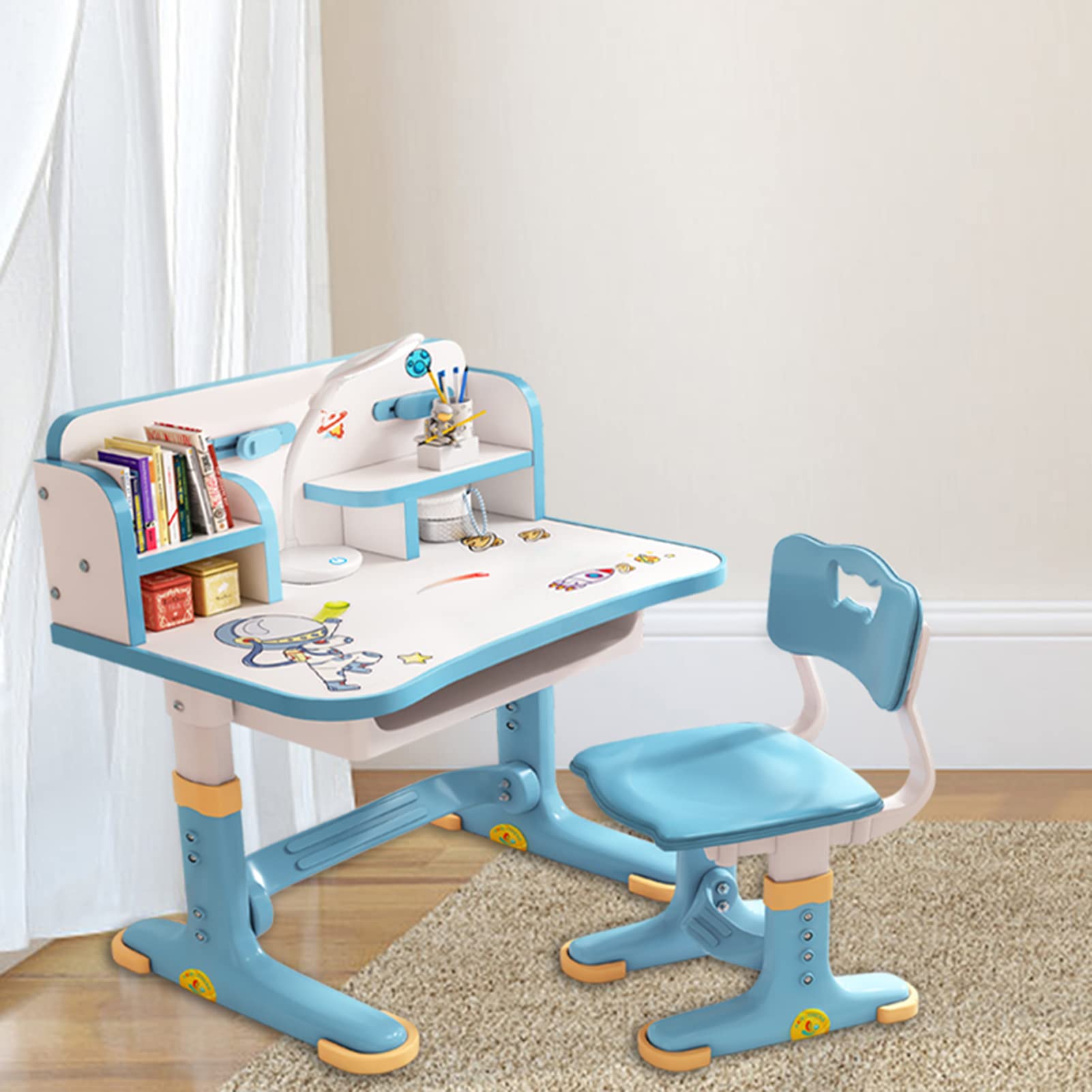 Adjustable Kids Study Desk and Chair Set with Storage Drawer - Wide Cartoon Design Children's Learning Table for Reading, Writing, Painting - Perfect for Homeschooling & Playroom (Blue)
