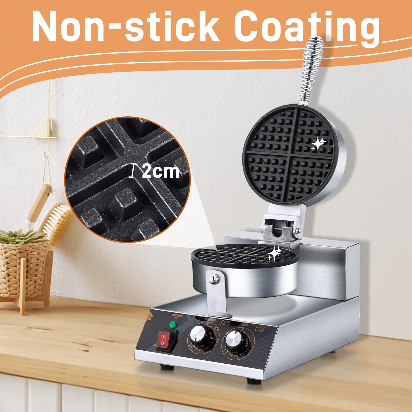 ROVSUN Commercial Electric Belgian Waffle Maker - 360° Rotating Non-Stick Waffle Iron with Adjustable Temperature & Timer - Perfect for Hotels, Restaurants, and Breakfast Cafes