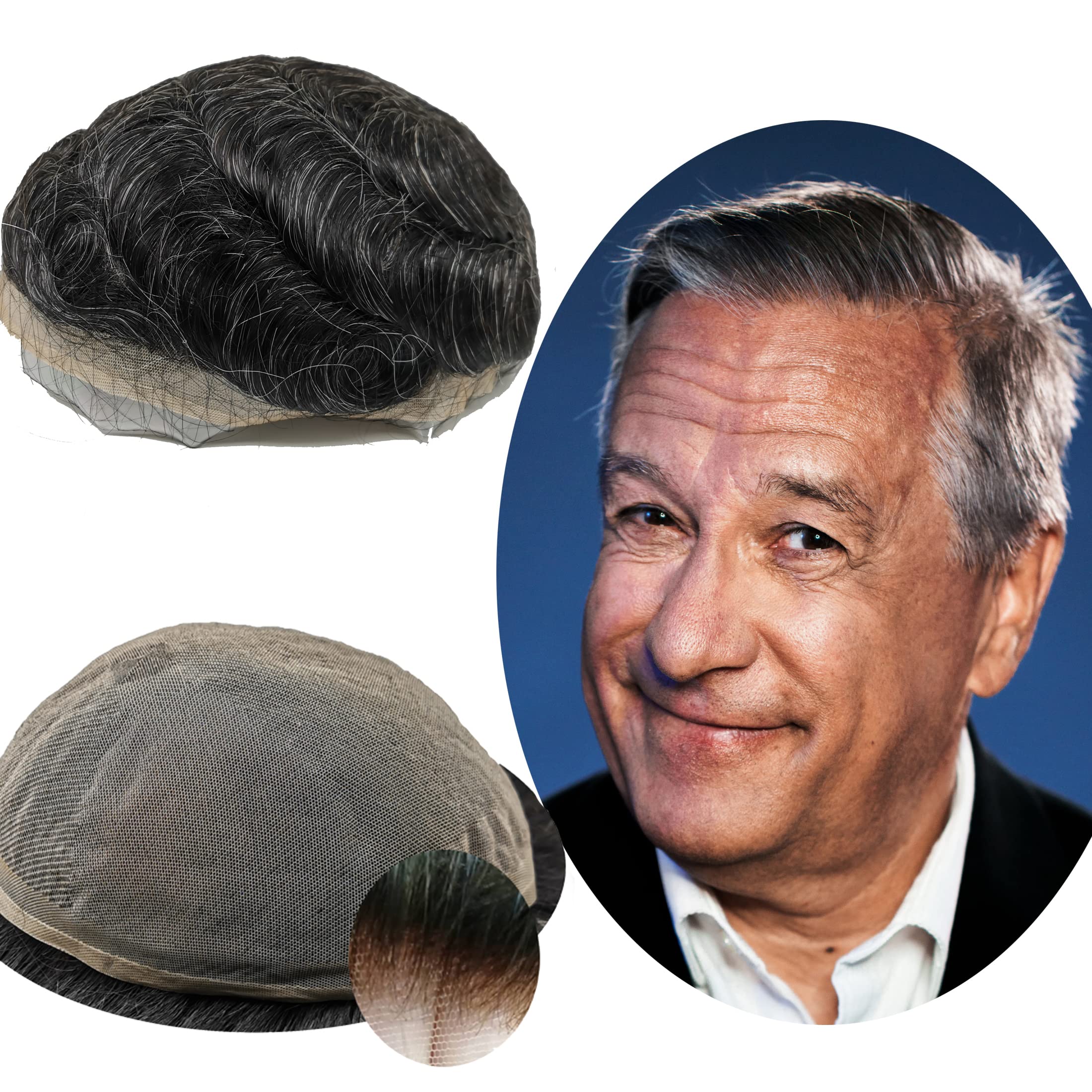YANAHAIR Men's Toupee - Real Human Hair Replacement System with Fine French Lace - Customizable Natural-Looking Hairpiece (8x10, Wavy, #1B20 20% Human Hair) - Perfect for Daily Wear, Special Occasions & Hair Loss Solutions