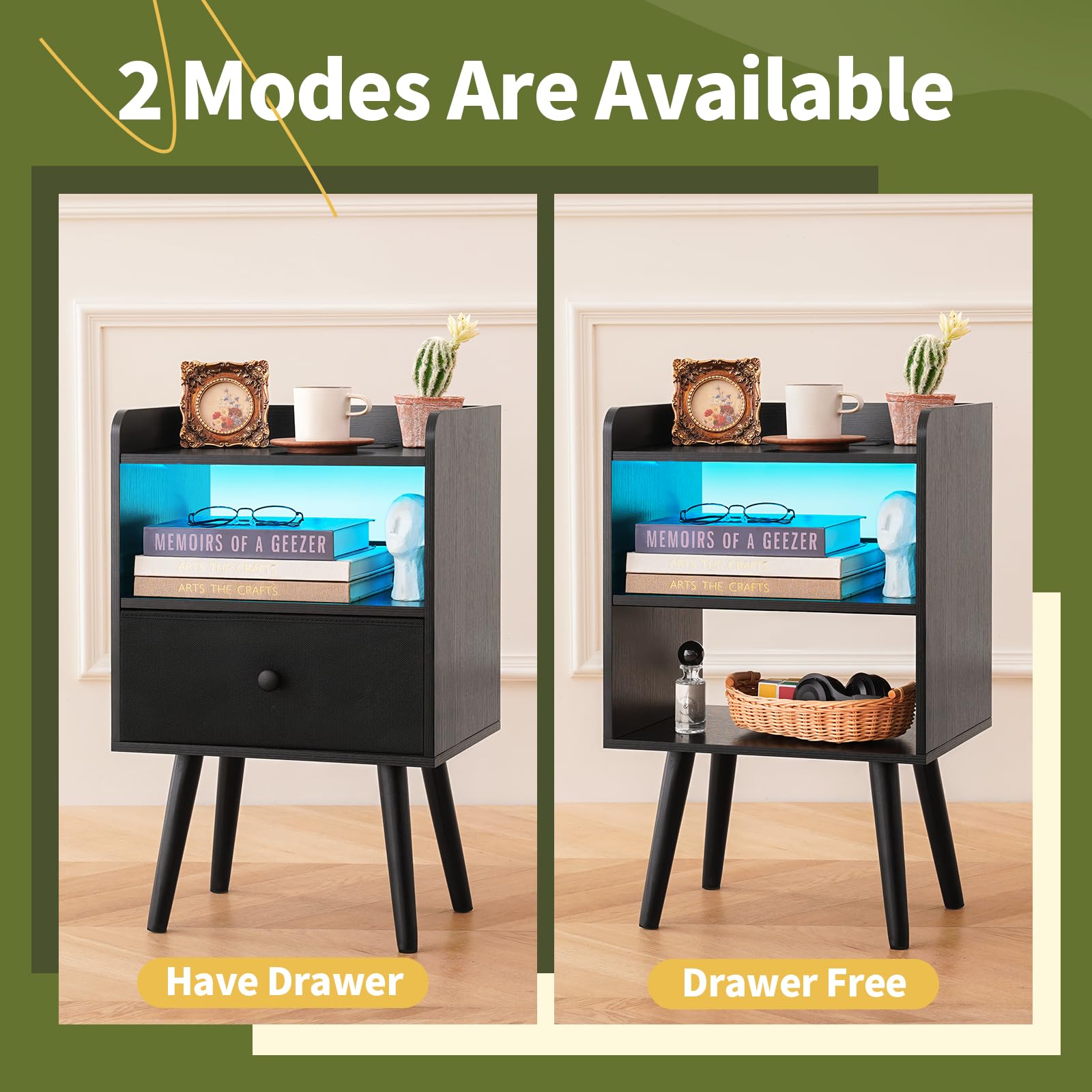Yoobure Modern Nightstand with Charging Station & LED Lights - Wood Bedside Table with USB Ports, Fabric Drawer & Storage Shelf - Perfect for Bedroom, Office or Home Decor (Night Stand with Convenient Device Charging & Ambient Lighting)