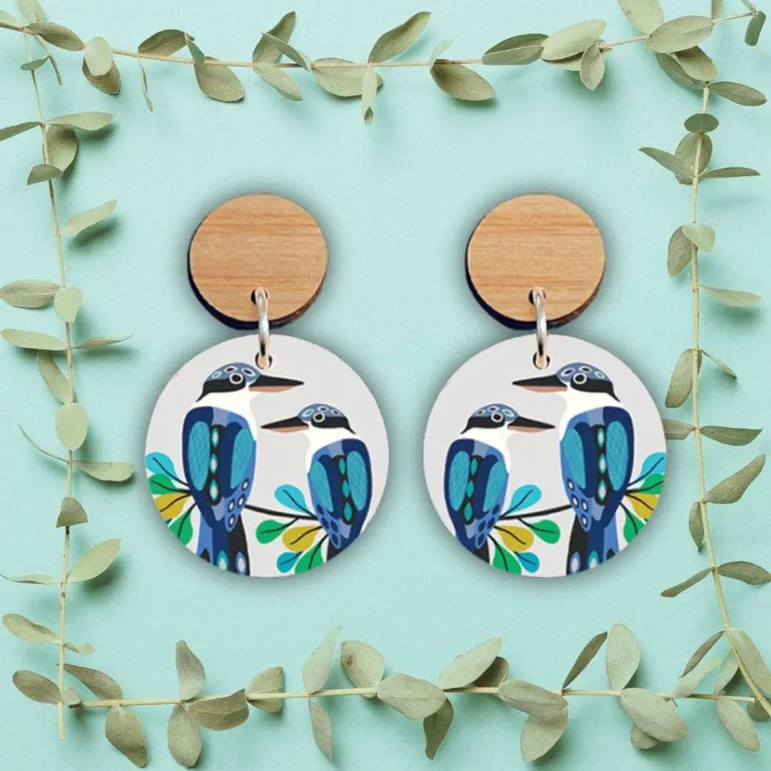 Handmade Australian Kingfisher Birds Wooden Earrings - Unique Nature-Inspired Jewelry for Women - Perfect for Casual Wear, Boho Style & Nature Lovers