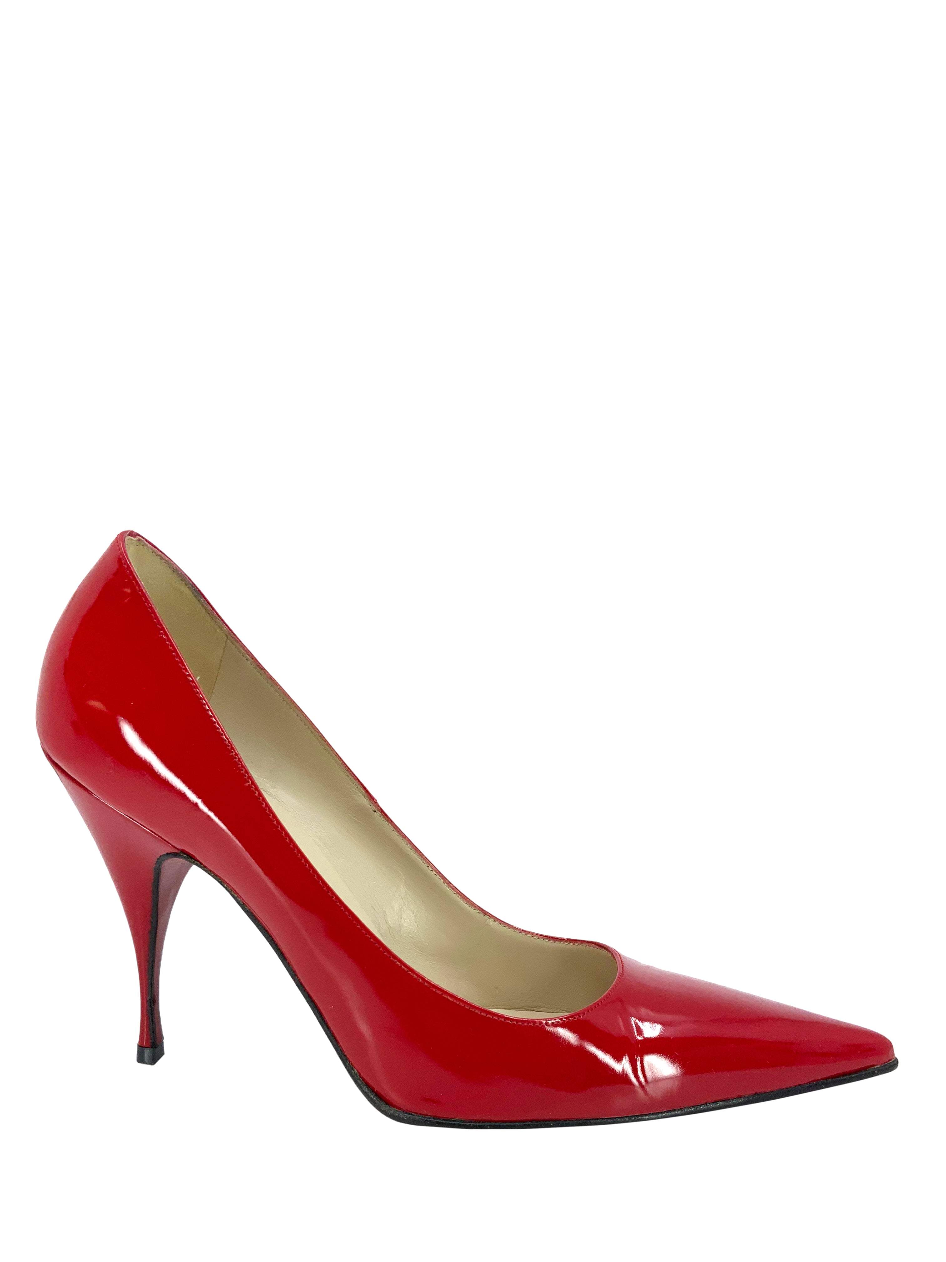 Christian Louboutin Red Patent Leather Pointed Toe High Heel Pumps Women's Size 7.5 - Perfect for Evening Parties, Weddings & Special Occasions